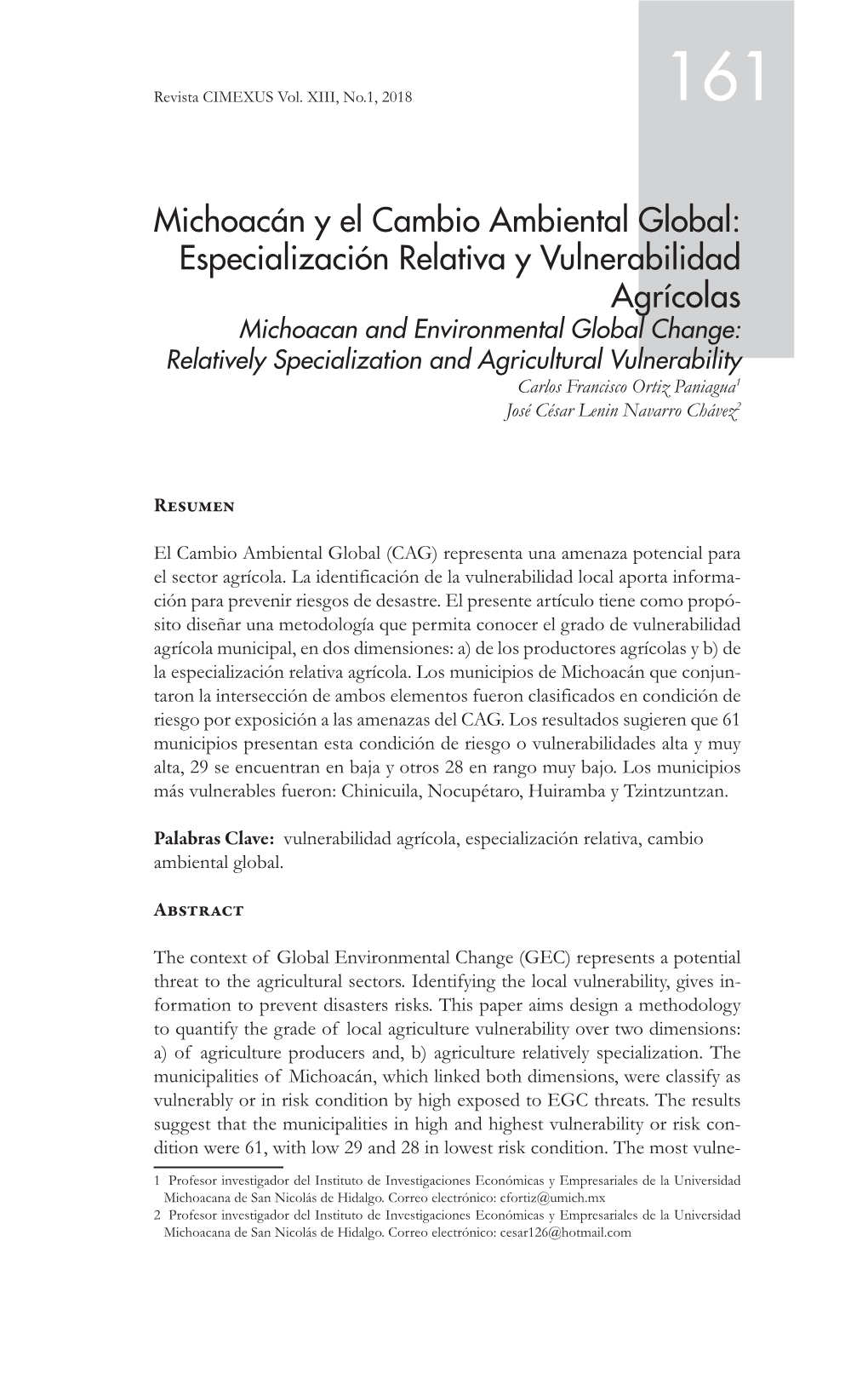 Michoacán Y El Cambio Ambiental Global: Especialización Relativa Y Vulnerabilidad Agrícolas