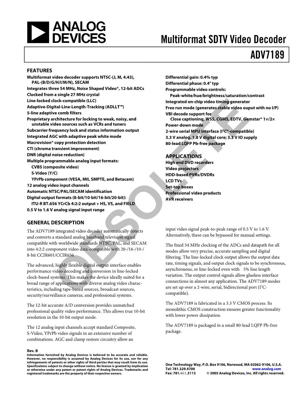 ADV7189 Multiformat SDTV Video Decoder Data Sheet