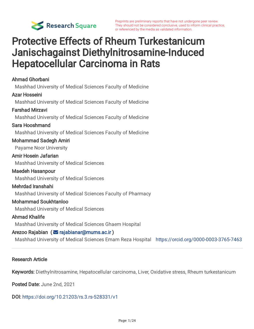 Protective Effects of Rheum Turkestanicum Janischagainst Diethylnitrosamine-Induced Hepatocellular Carcinoma in Rats