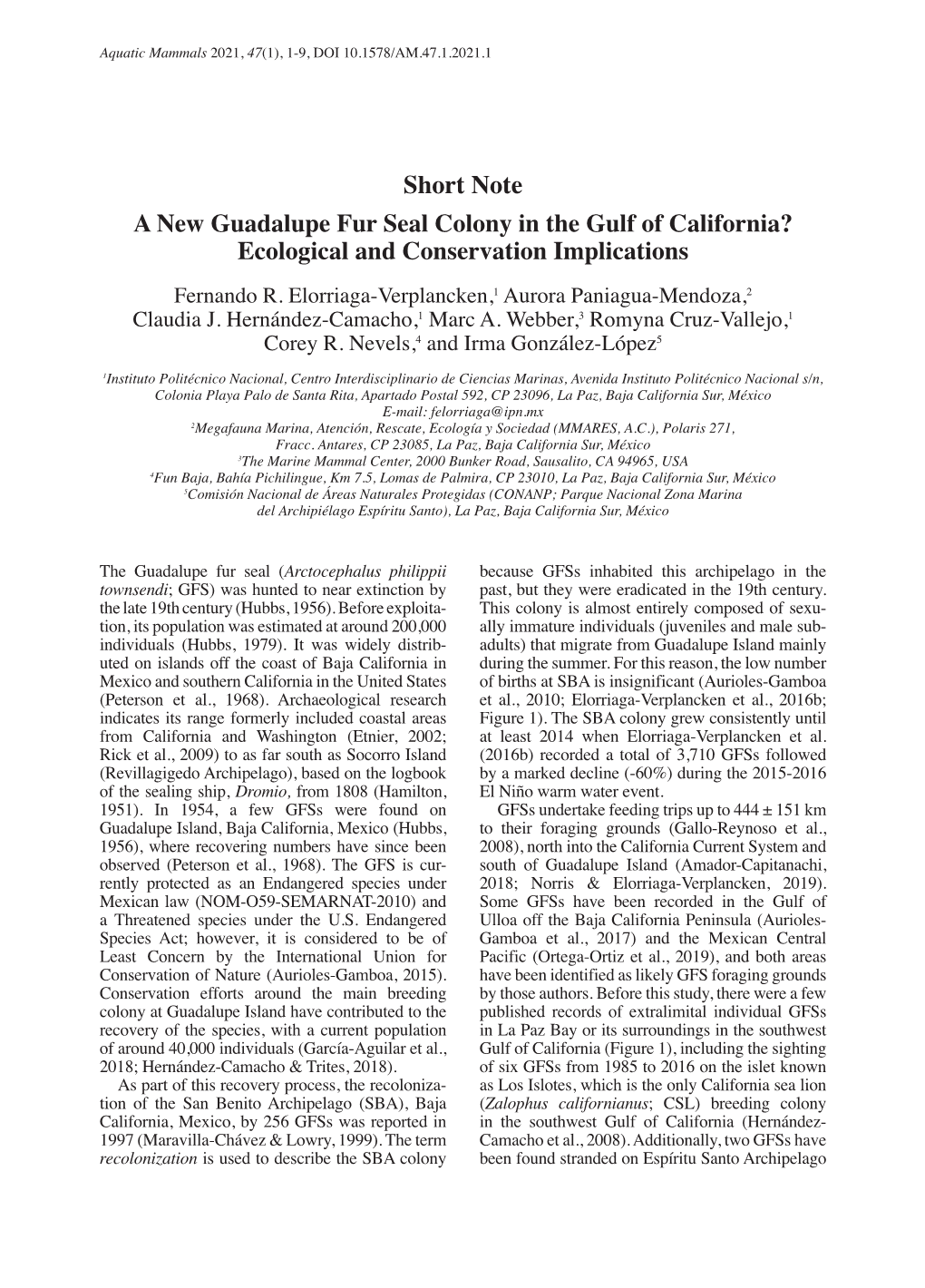 Short Note a New Guadalupe Fur Seal Colony in the Gulf of California? Ecological and Conservation Implications Fernando R