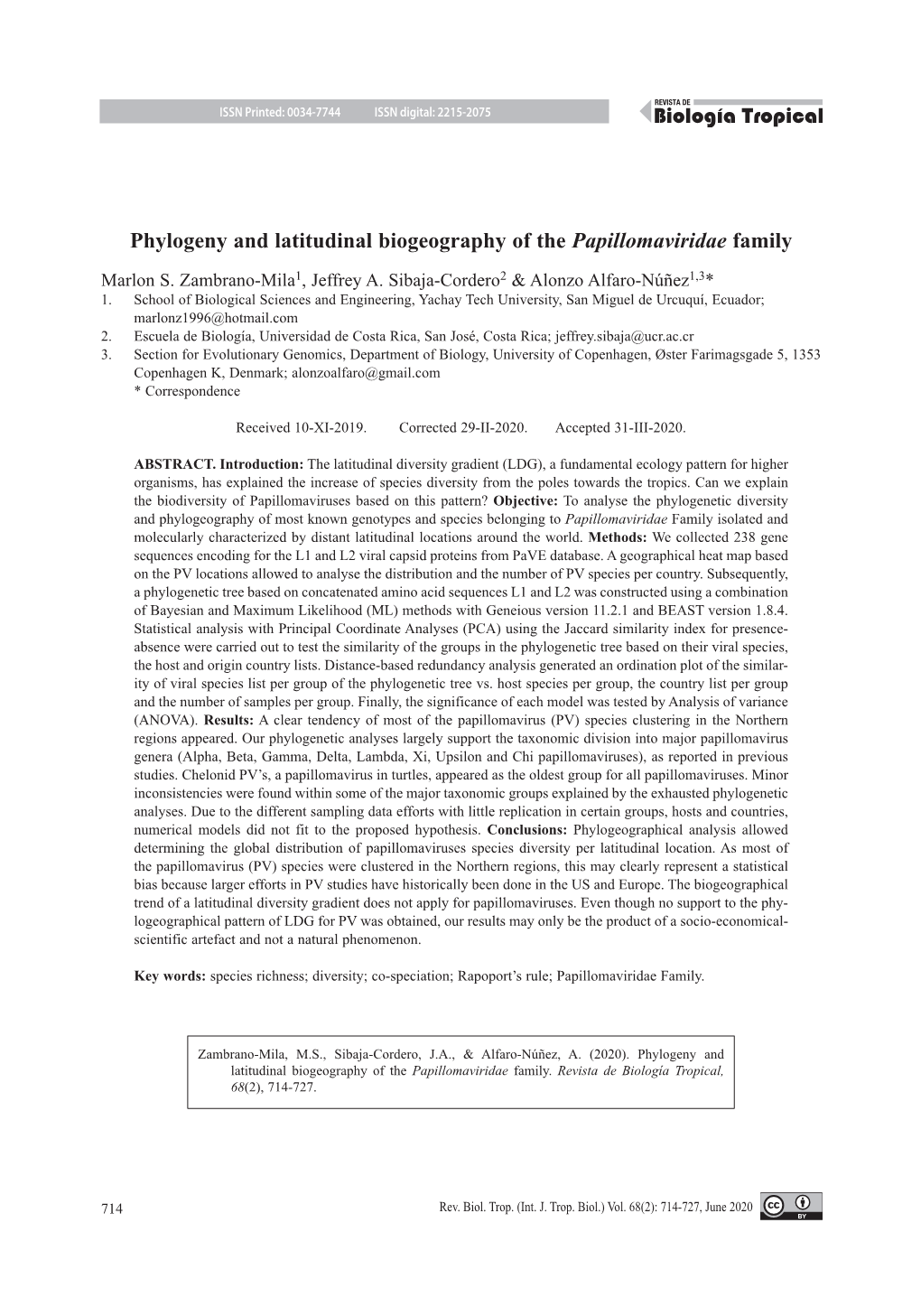 Phylogeny and Latitudinal Biogeography of the Papillomaviridae Family