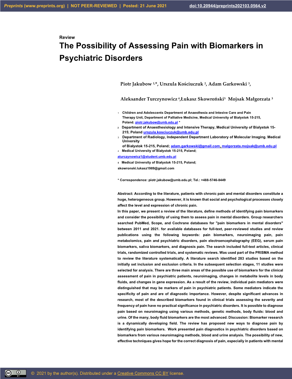 The Possibility of Assessing Pain with Biomarkers in Psychiatric Disorders