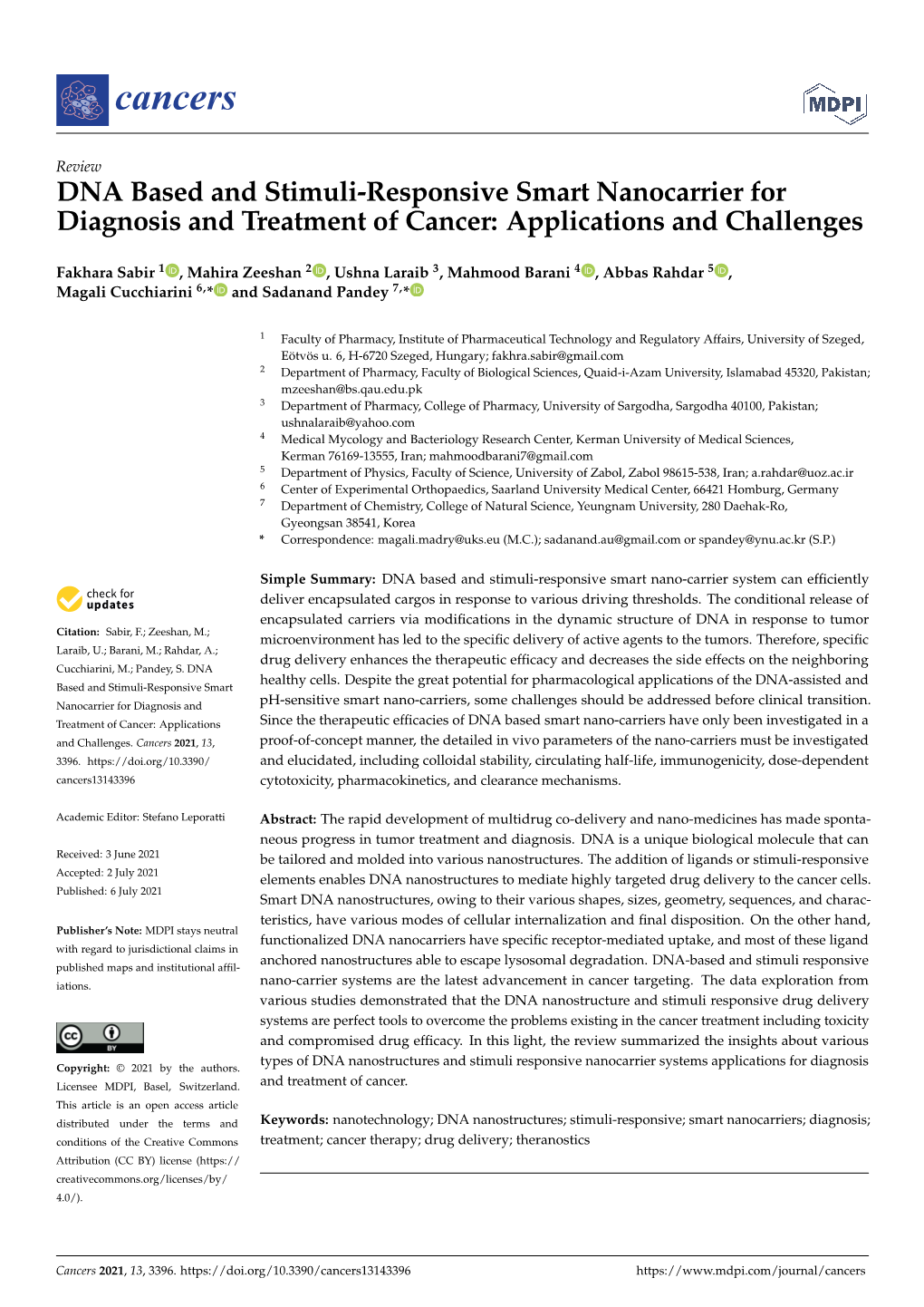 DNA Based and Stimuli-Responsive Smart Nanocarrier for Diagnosis and Treatment of Cancer: Applications and Challenges