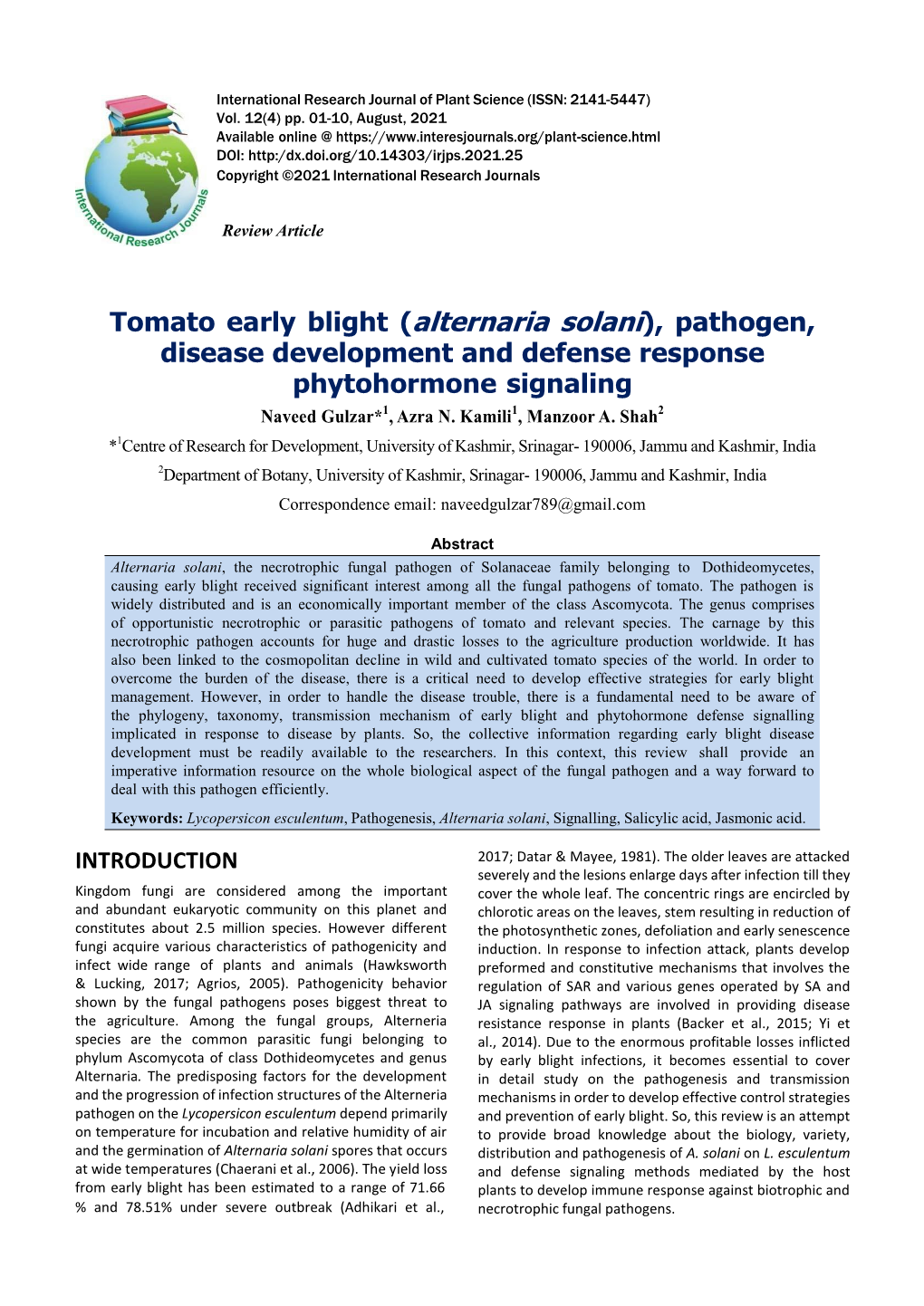 Alternaria Solani), Pathogen, Disease Development and Defense Response Phytohormone Signaling Naveed Gulzar*1, Azra N