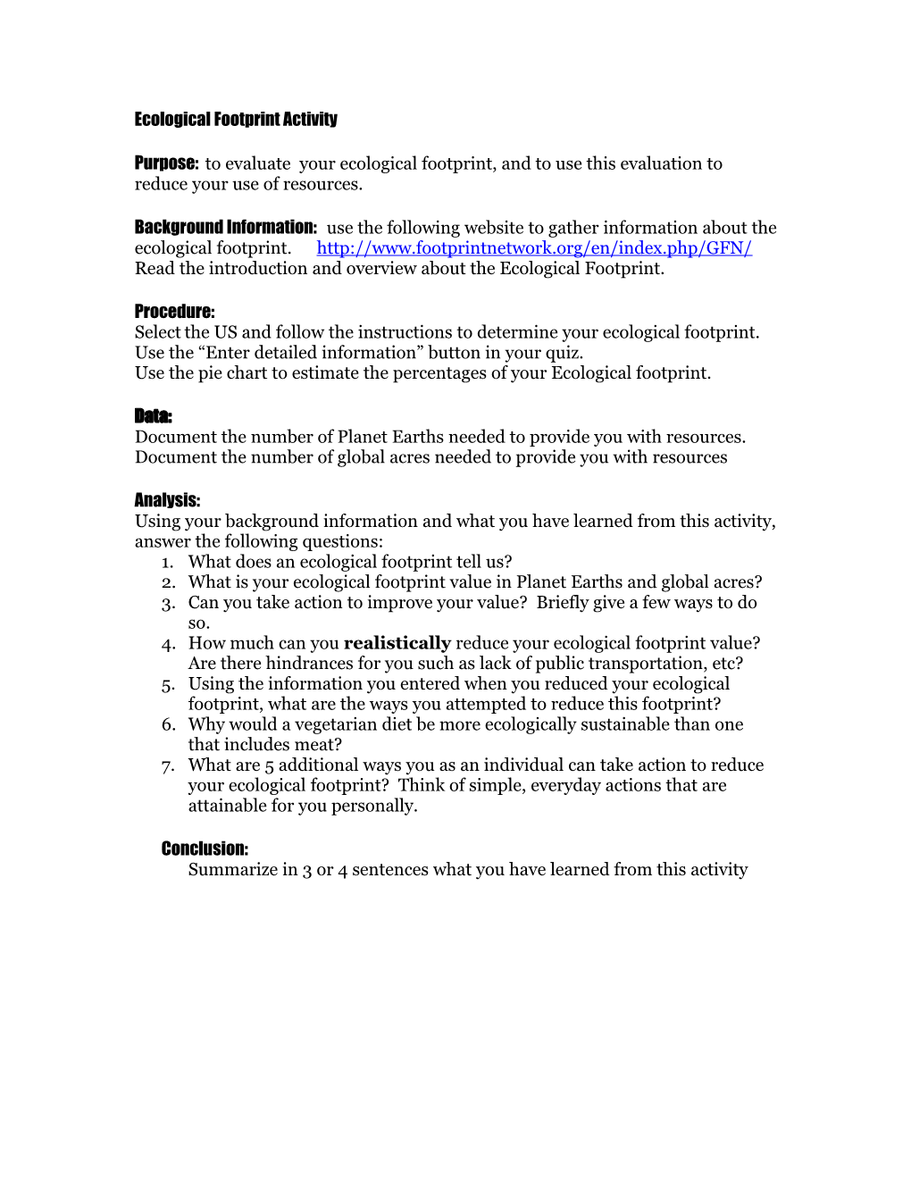 Ecological Footprints Activity