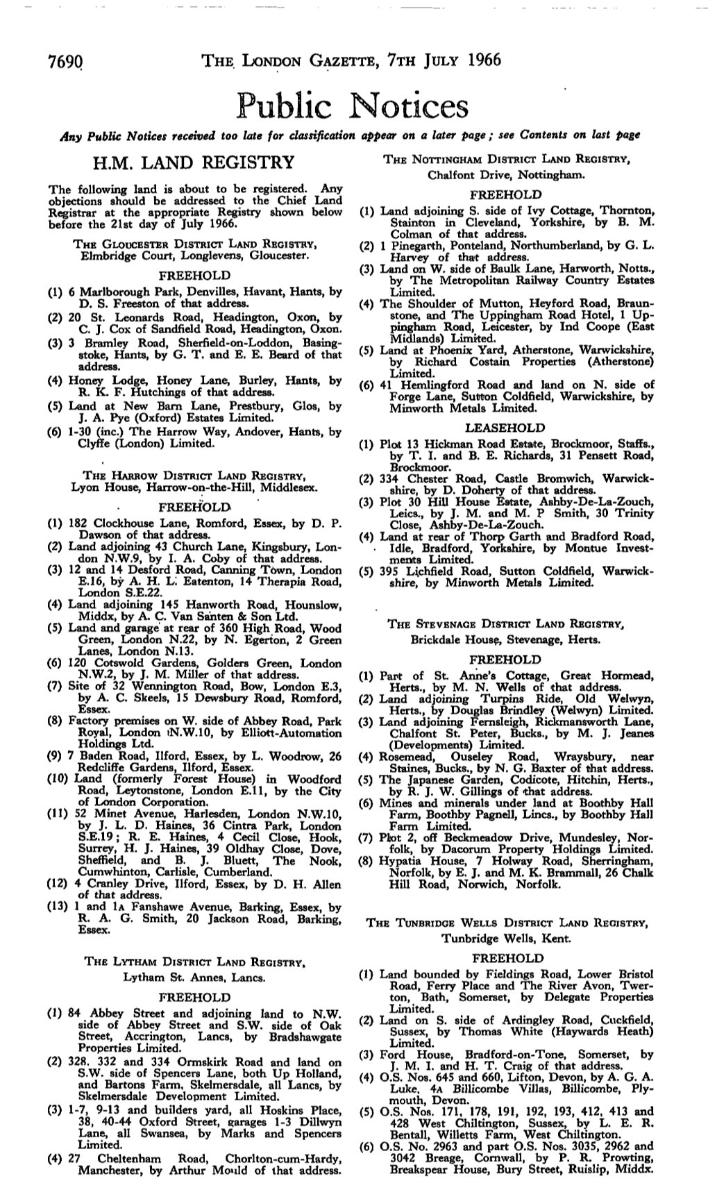 The London Gazette, ?Th July 1966 H.M. Land Registry