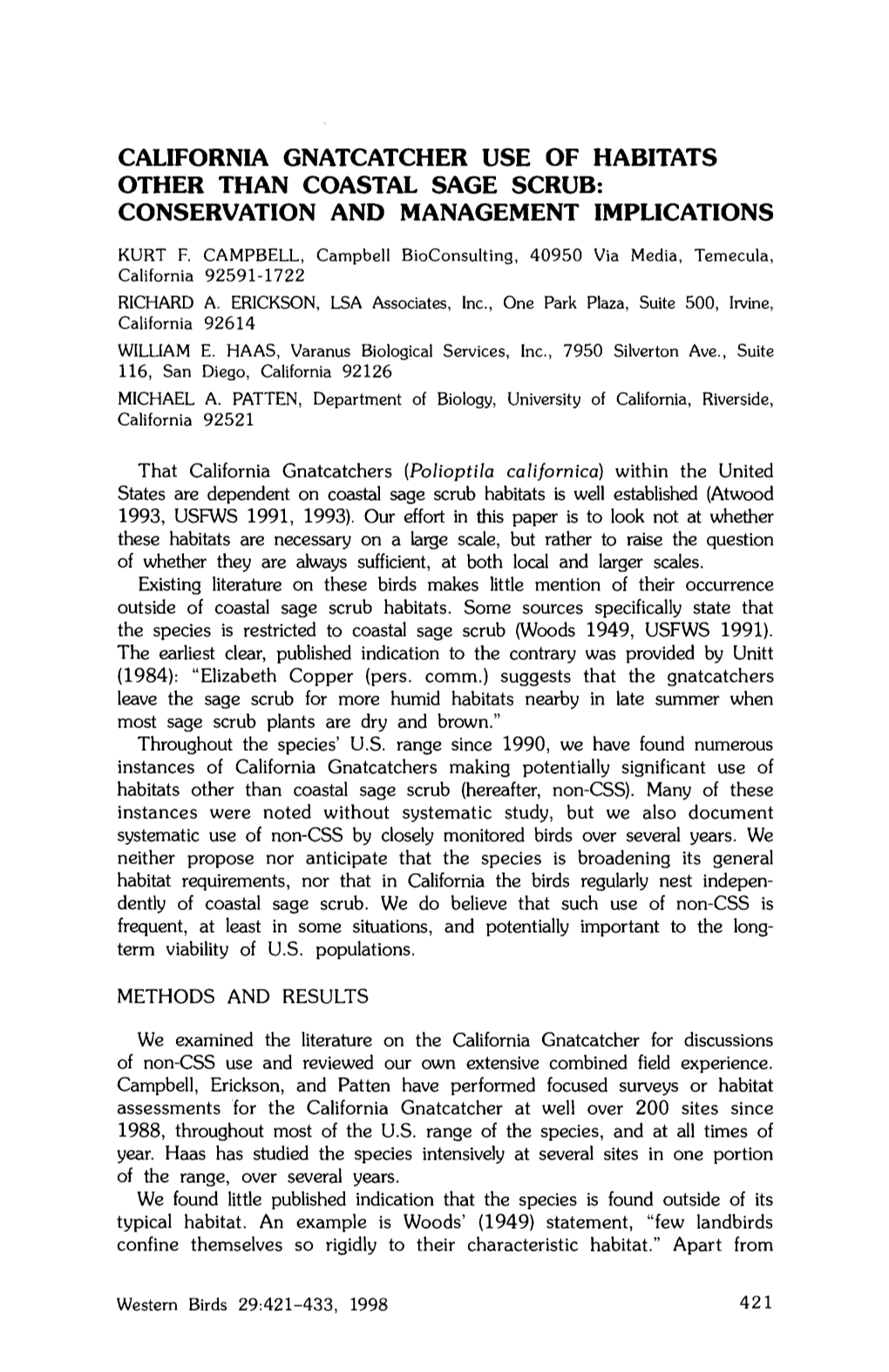 California Gnatcatcher Use of Habitats Other Than Coastal Sage Scrub: Conservation and Management Implications