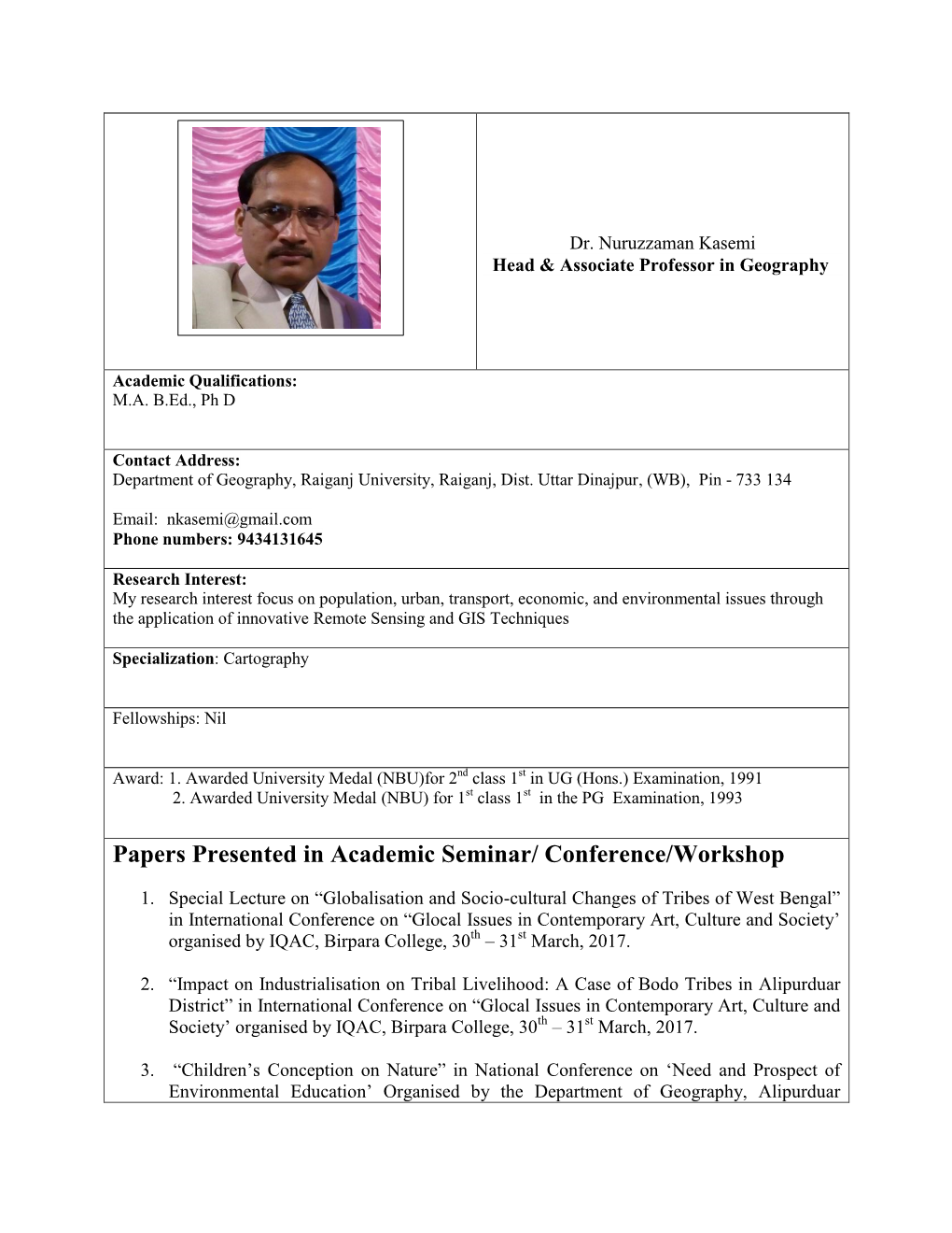 Papers Presented in Academic Seminar/ Conference/Workshop