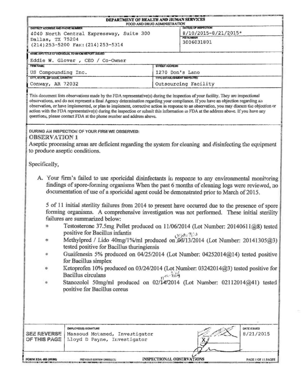 US Compounding, Inc. Conway, AR 483 Issued 08/21/2015