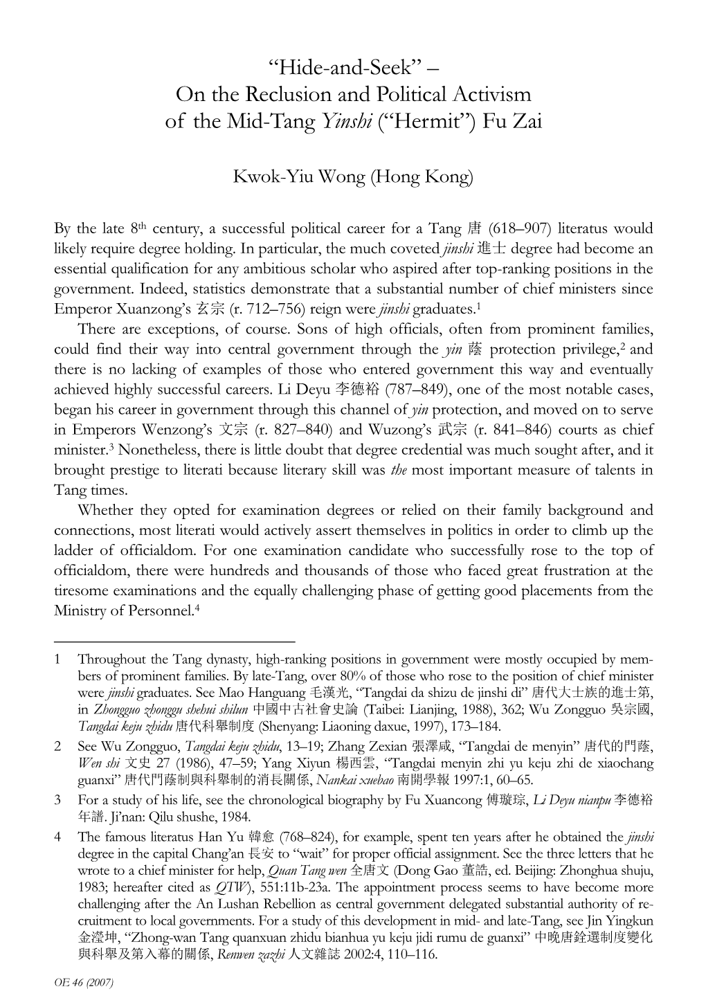 On the Reclusion and Political Activism of the Mid-Tang Yinshi (“Hermit”) Fu Zai