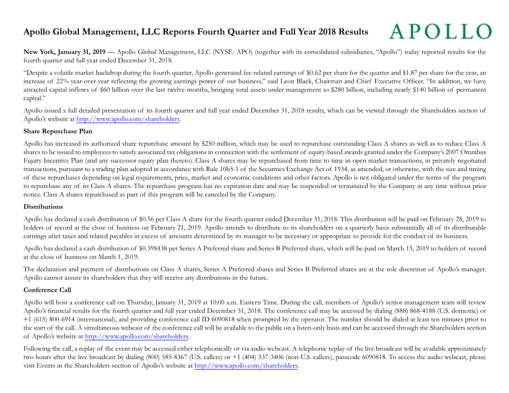 Apollo Global Management, LLC Reports Fourth Quarter and Full Year 2018 Results