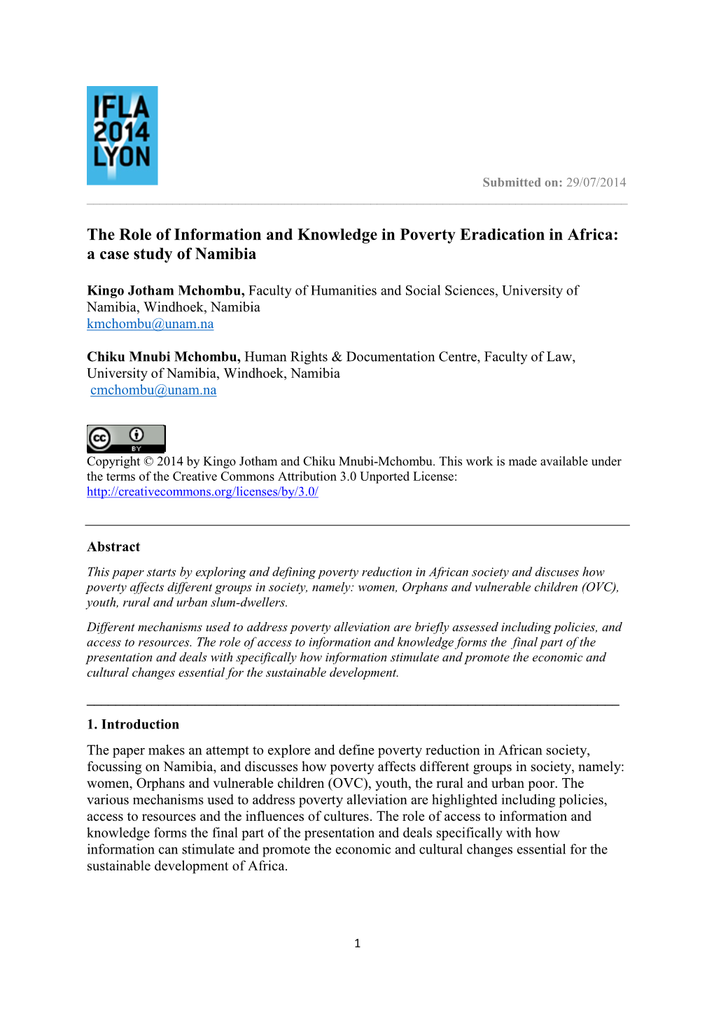 The Role of Information and Knowledge in Poverty Eradication in Africa: a Case Study of Namibia