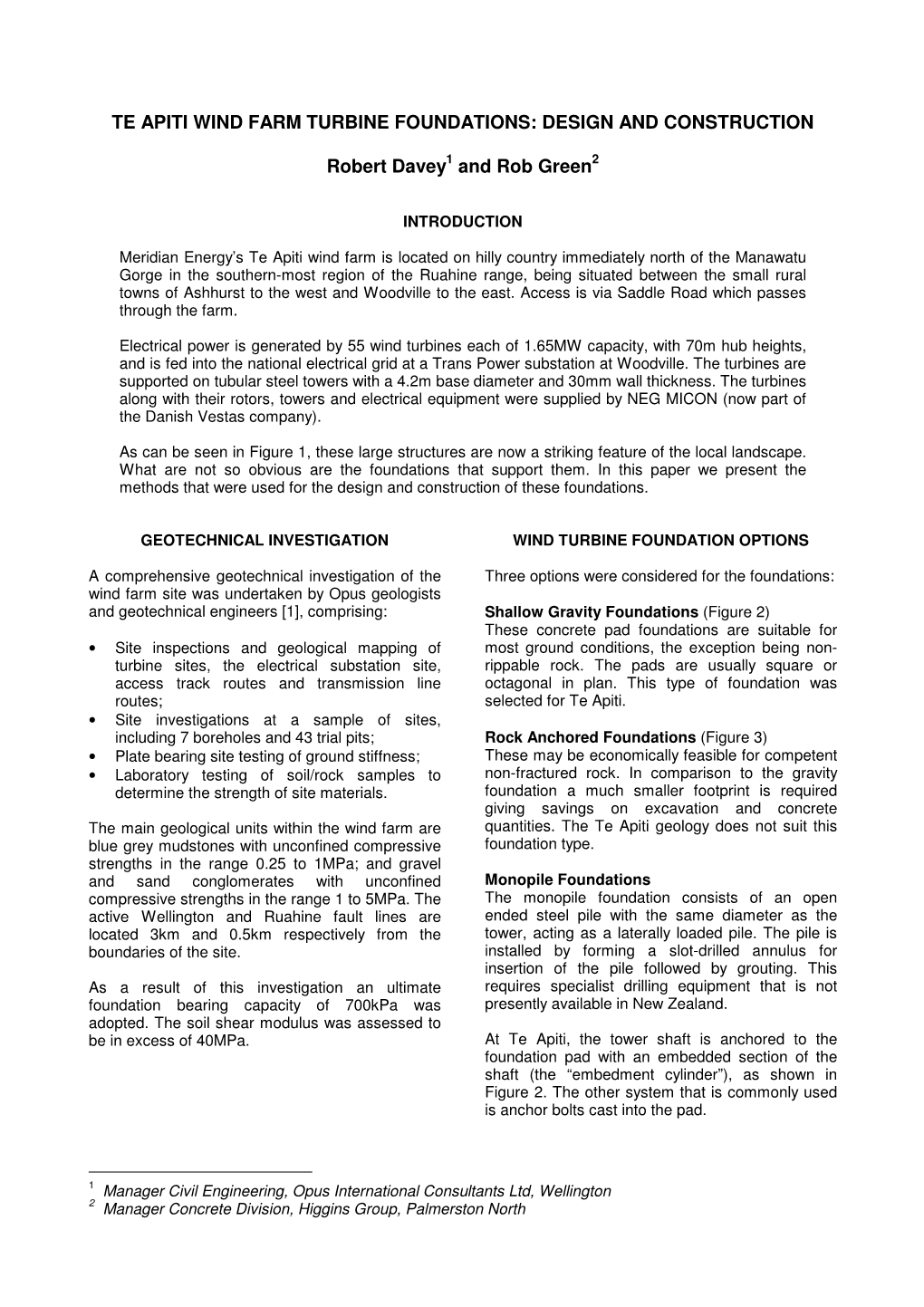 Te Apiti Wind Farm Turbine Foundations: Design and Construction