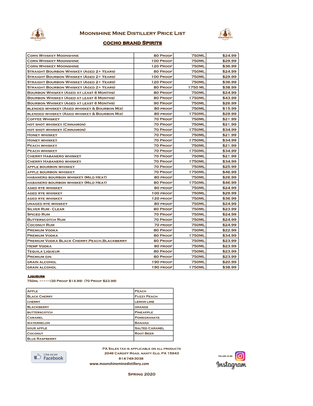 Moonshine Mine Distillery Price List Cocho Brand Spirits