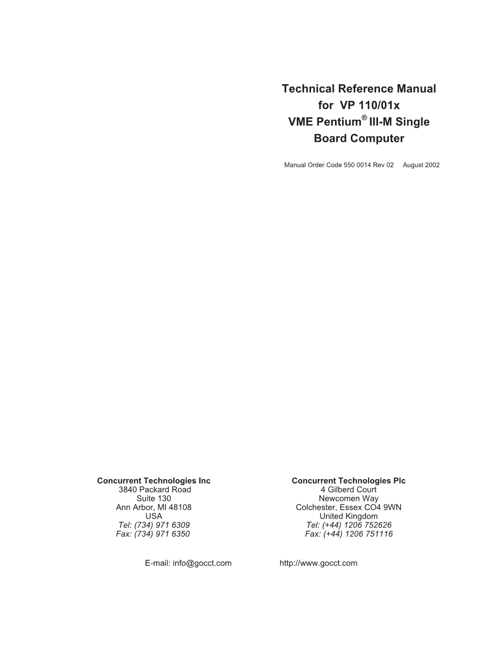 Technical Reference Manual for VP 110/01X VME Pentium® III-M Single Board Computer