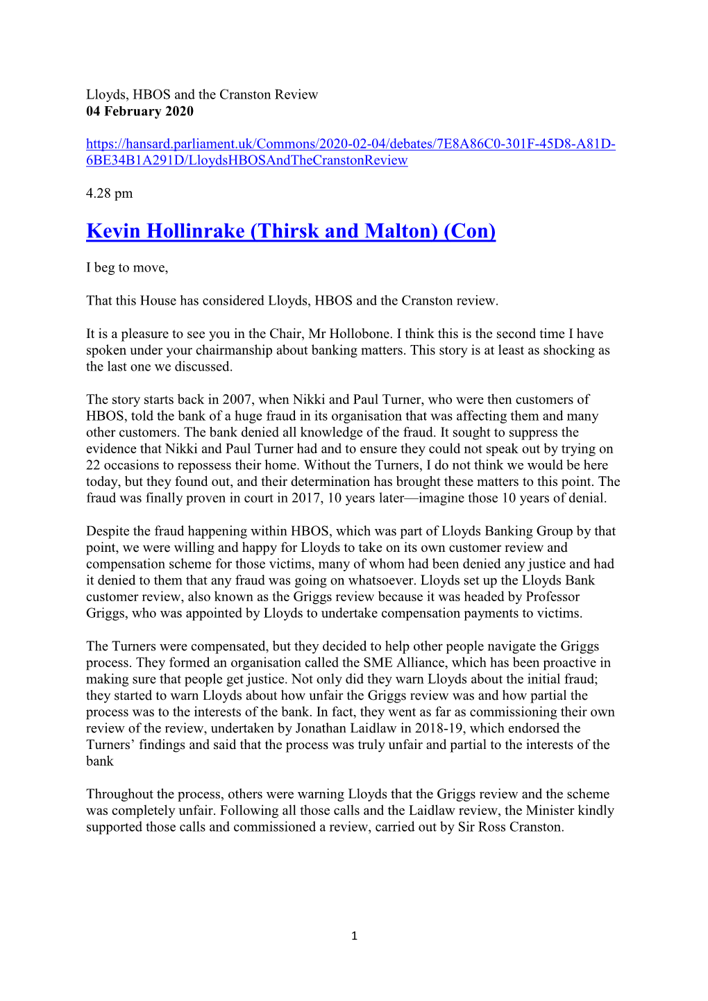 Hansard – Lloyds, HBOS and the Cranston Report