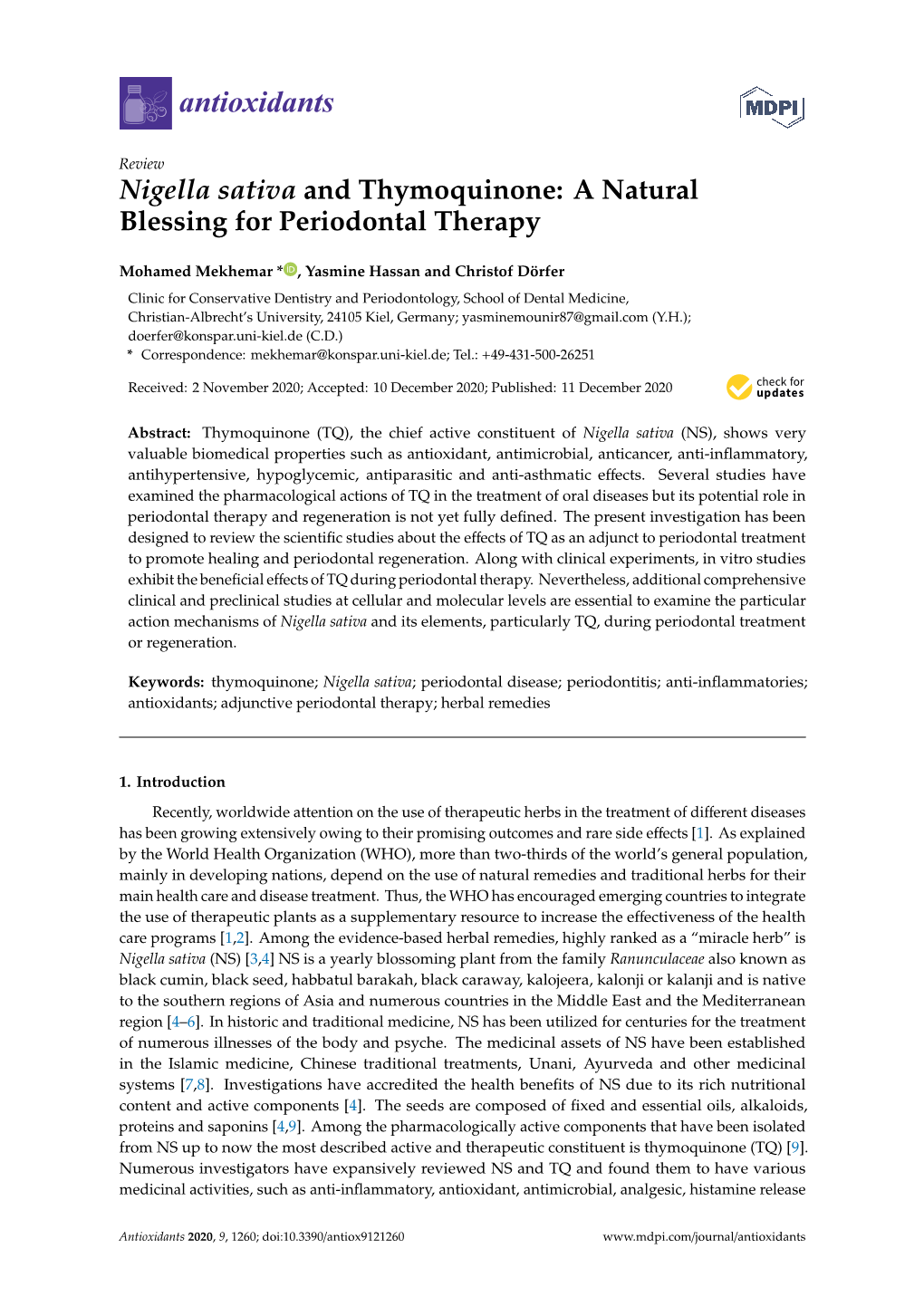 Nigella Sativa and Thymoquinone: a Natural Blessing for Periodontal Therapy