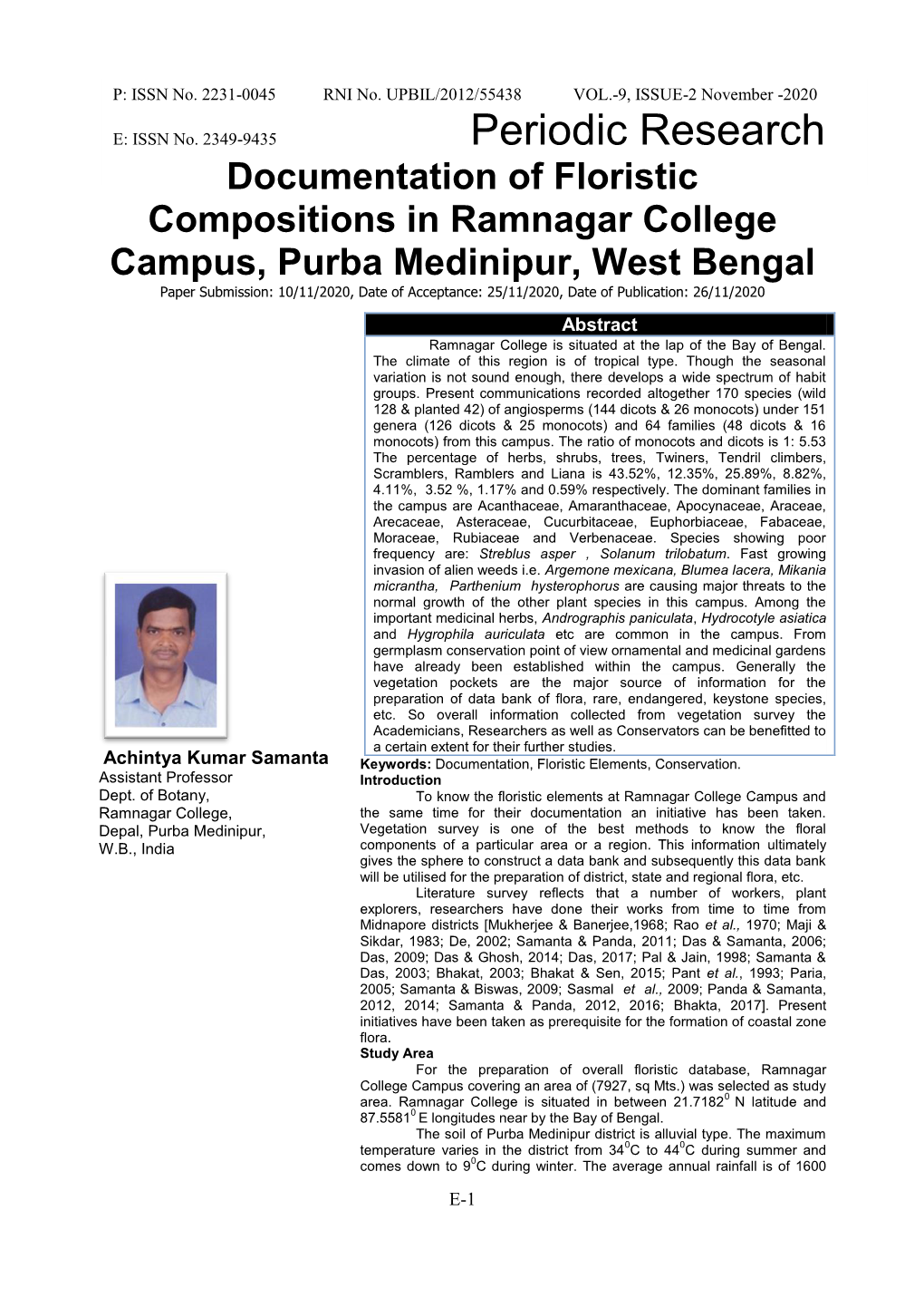 Documentation of Floristic Compositions in Ramnagar College Campus, Purba Medinipur, West Bengal Achintya Kumar Samanta, Purba