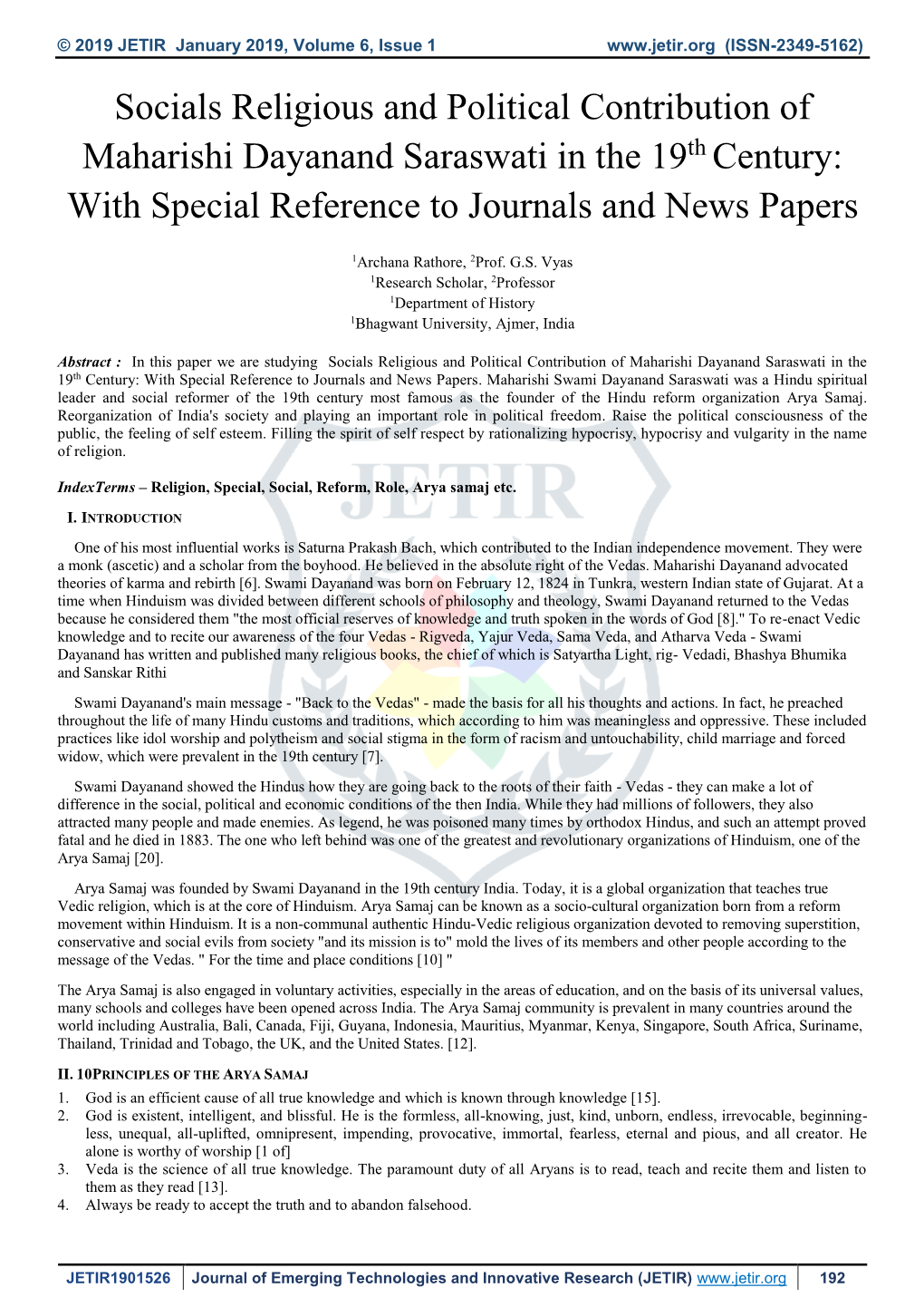 Socials Religious and Political Contribution of Maharishi Dayanand Saraswati in the 19Th Century: with Special Reference to Journals and News Papers