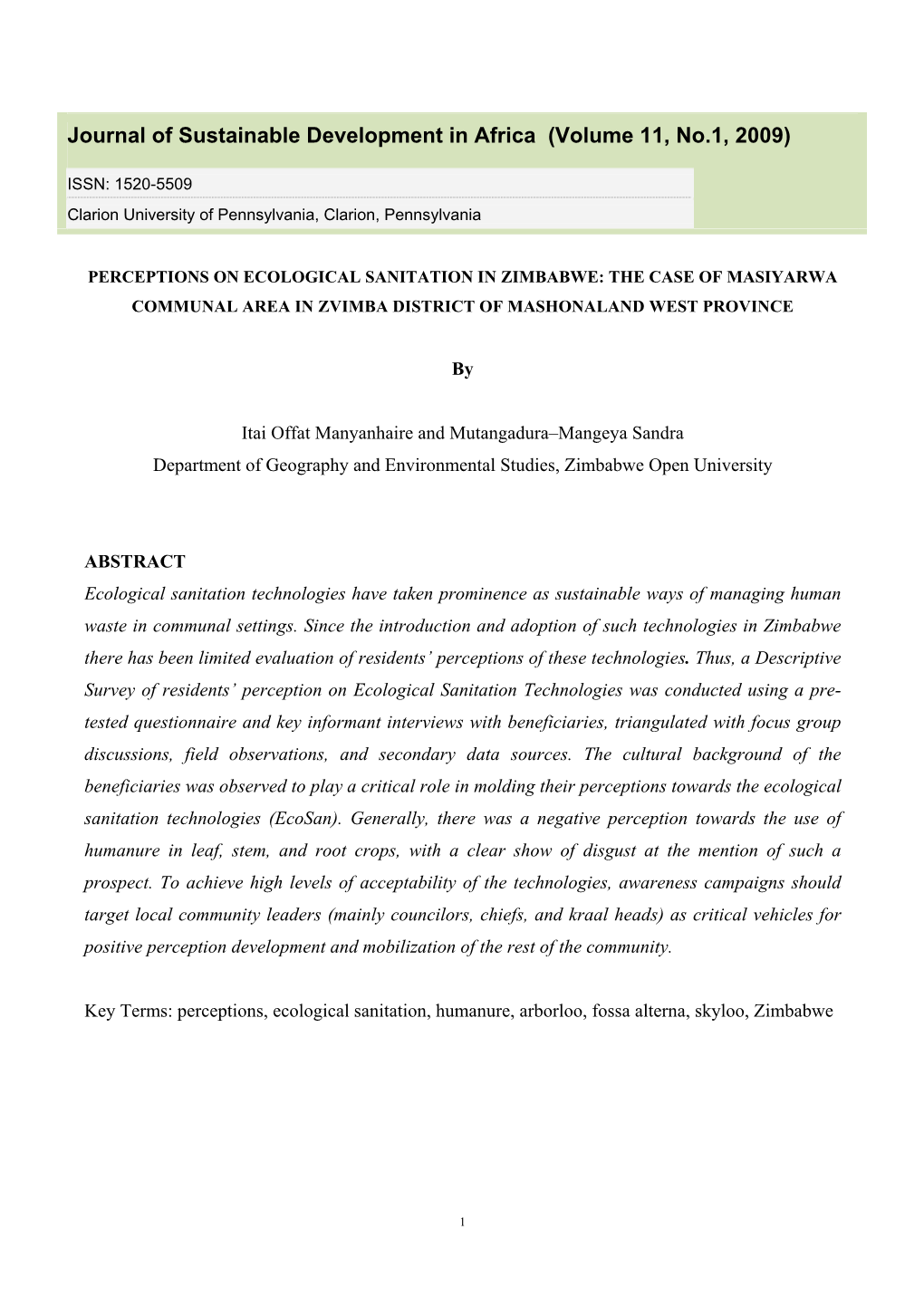 Perceptions on Ecological Sanitation in Zimbabwe: the Case of Masiyarwa Communal Area in Zvimba District of Mashonaland West Province