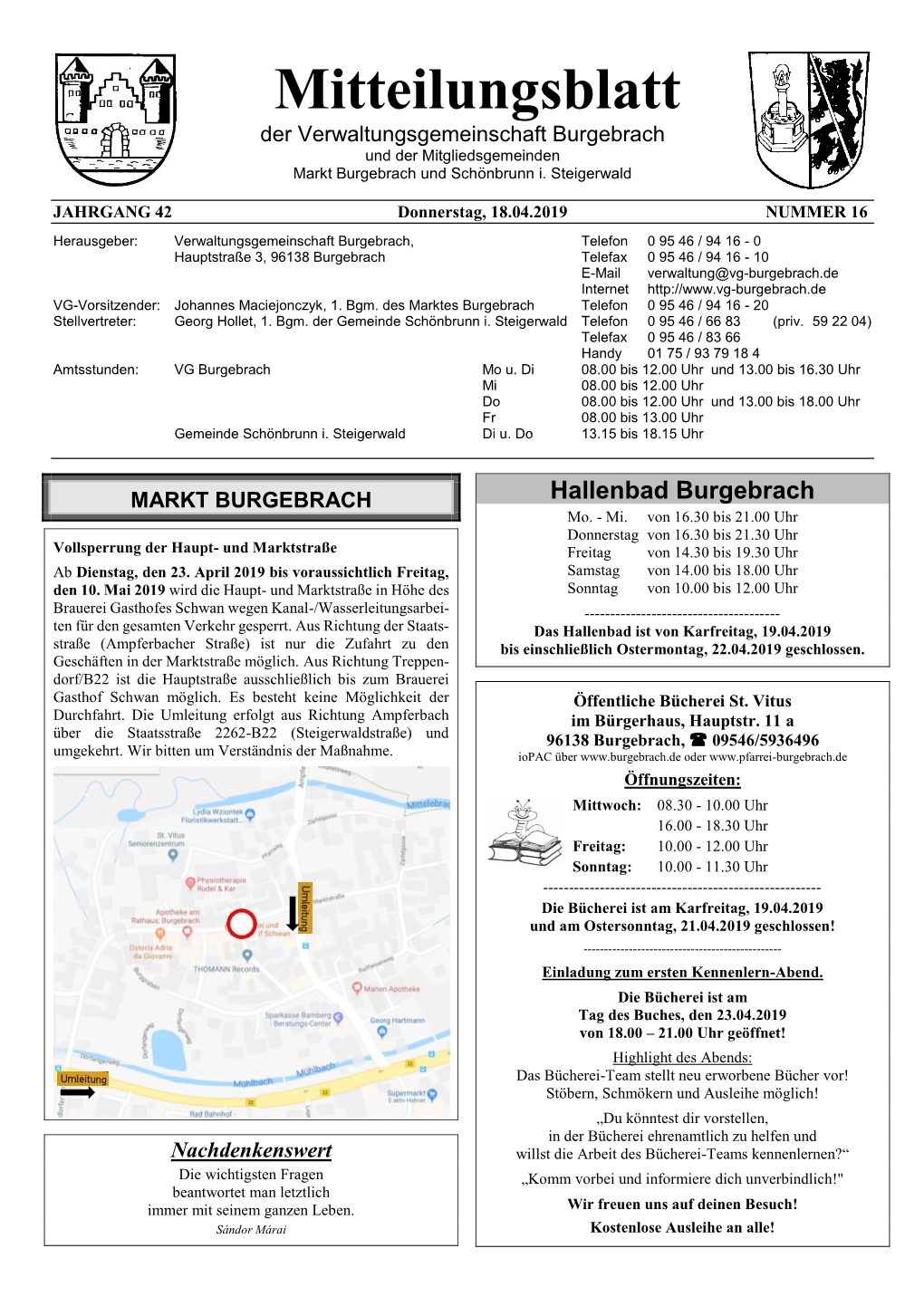 Mitteilungsblatt Der Verwaltungsgemeinschaft Burgebrach Und Der Mitgliedsgemeinden Markt Burgebrach Und Schönbrunn I