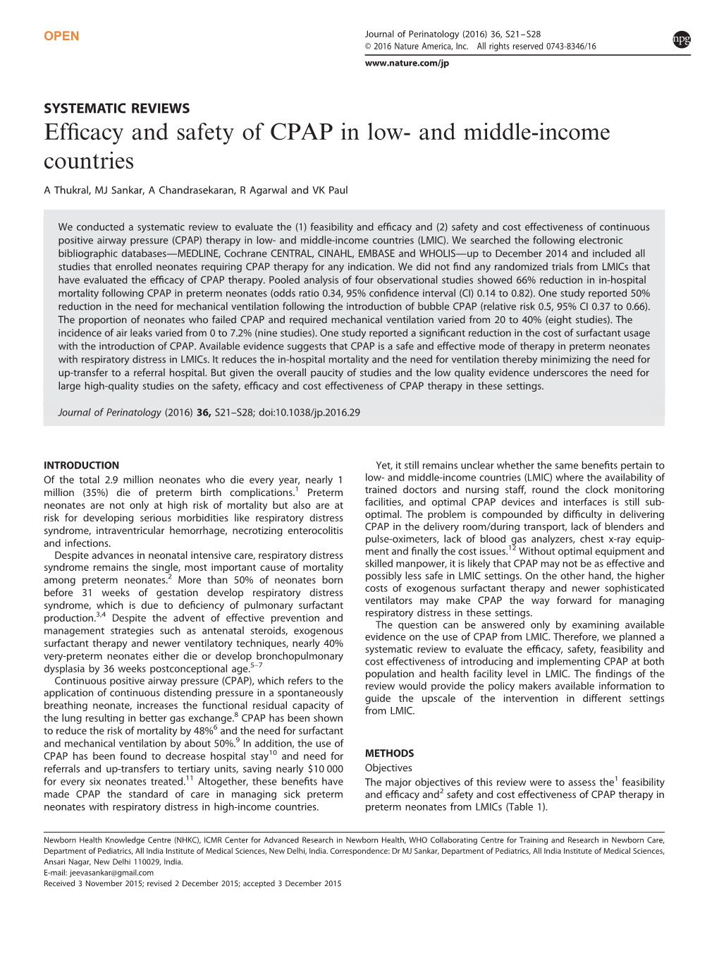 Efficacy and Safety of CPAP in Low- and Middle-Income Countries