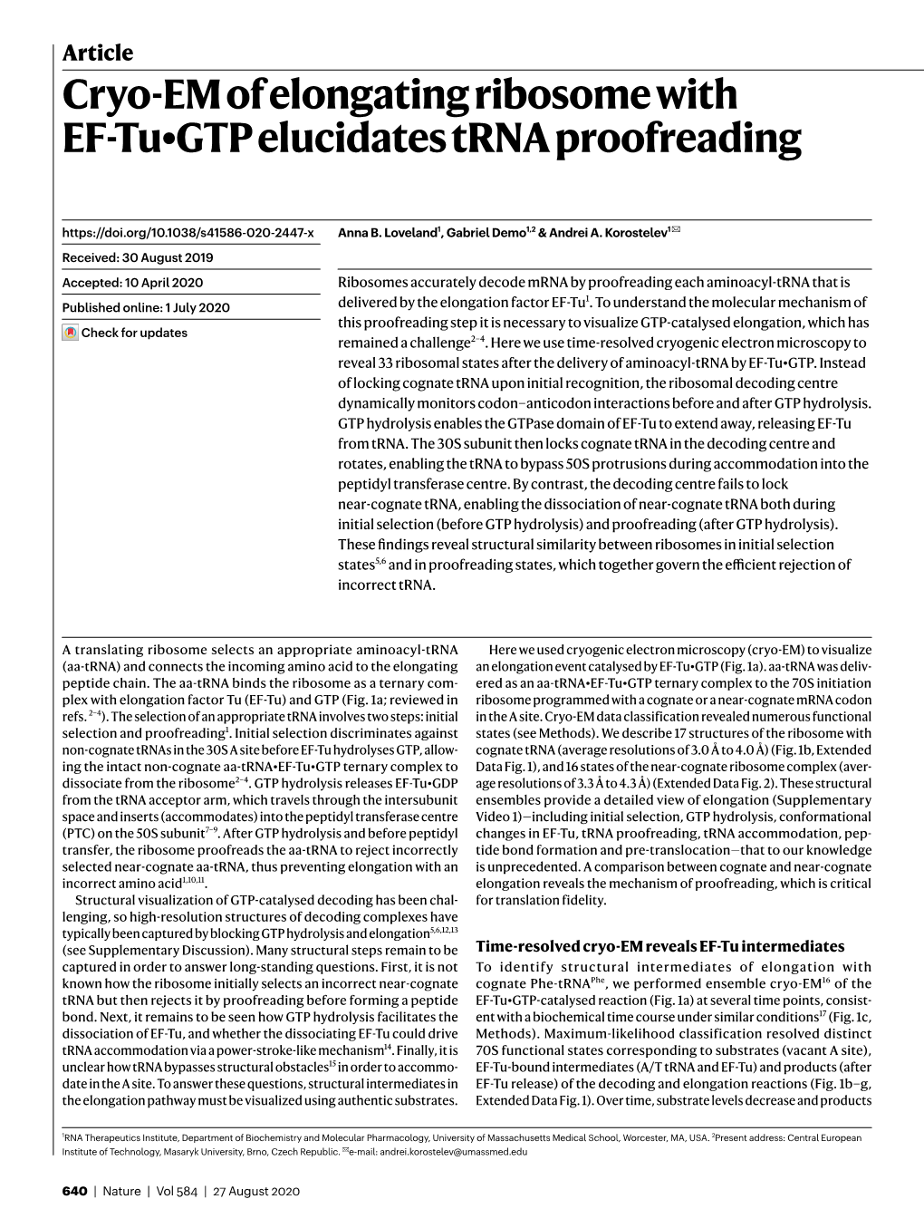 Cryo-EM of Elongating Ribosome with EF-Tu Elucidates Trna Proofreading