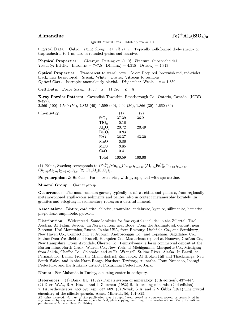 Almandine Fe3 Al2(Sio4)3 C 2001 Mineral Data Publishing, Version 1.2 ° Crystal Data: Cubic