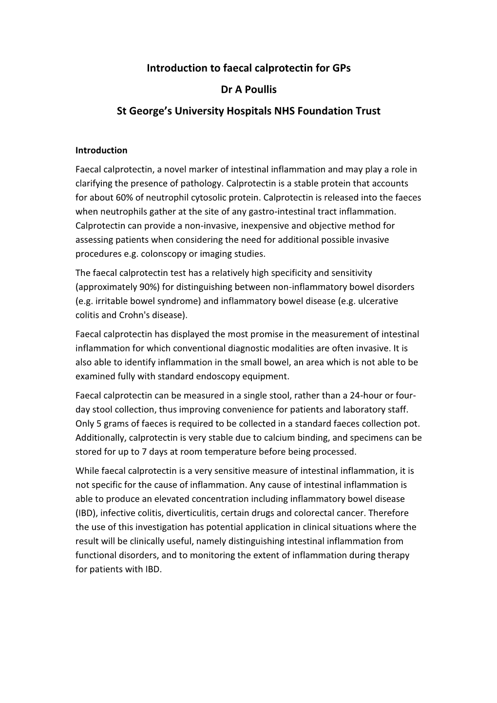 Introduction to Faecal Calprotectin for Gps Dr a Poullis