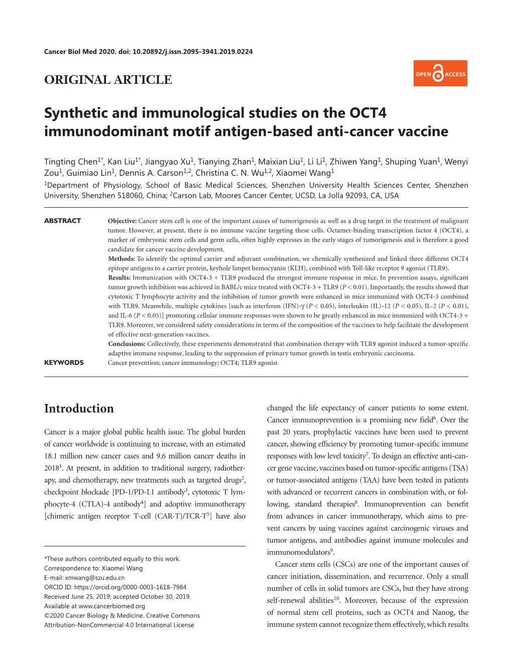Synthetic and Immunological Studies on the OCT4 Immunodominant Motif Antigen-Based Anti-Cancer Vaccine