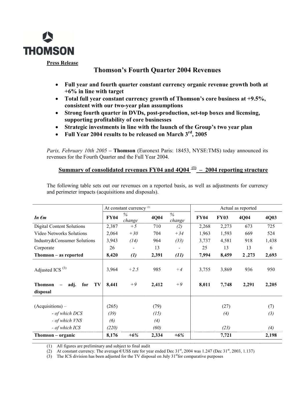 Thomson's Fourth Quarter 2004 Revenues