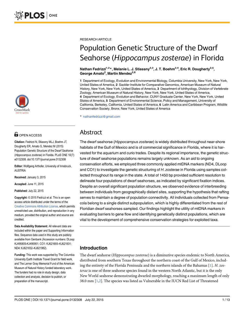 Population Genetic Structure of the Dwarf Seahorse (Hippocampus Zosterae) in Florida