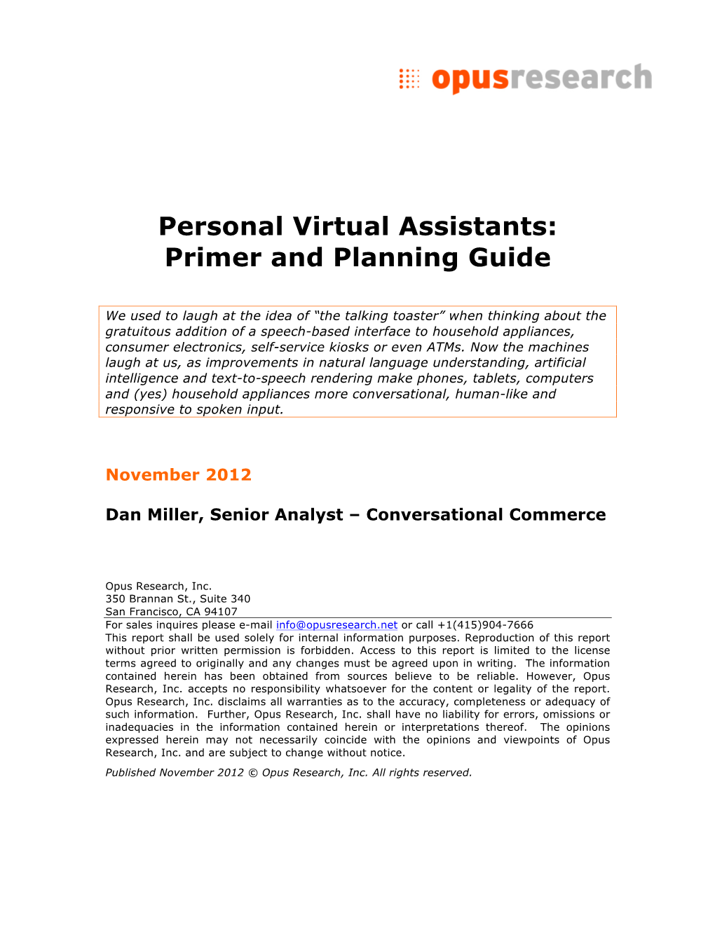 Personal Virtual Assistants: Primer and Planning Guide