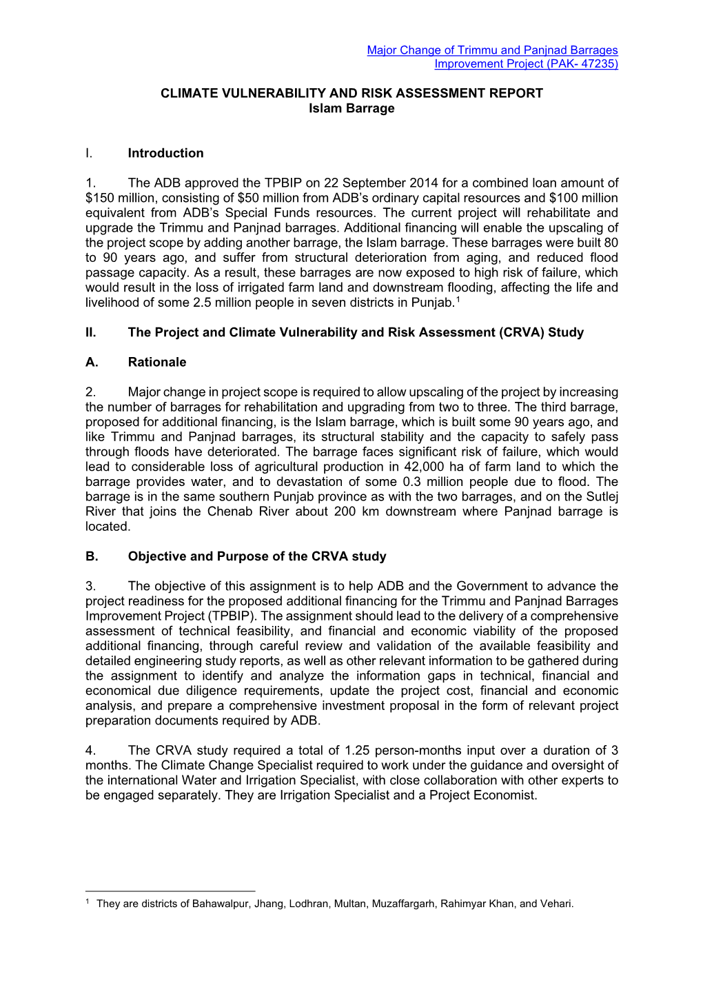 CLIMATE VULNERABILITY and RISK ASSESSMENT REPORT Islam Barrage