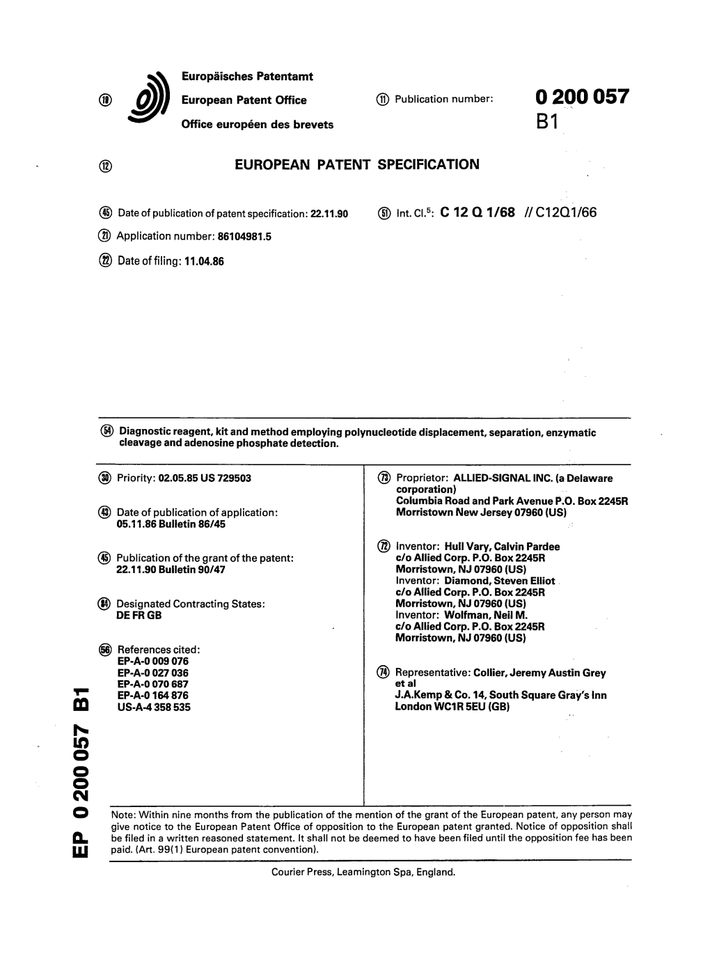 Diagnostic Reagent, Kit and Method Employing Polynucleotide Displacement, Separation, Enzymatic Cleavage and Adenosine Phosphate Detection