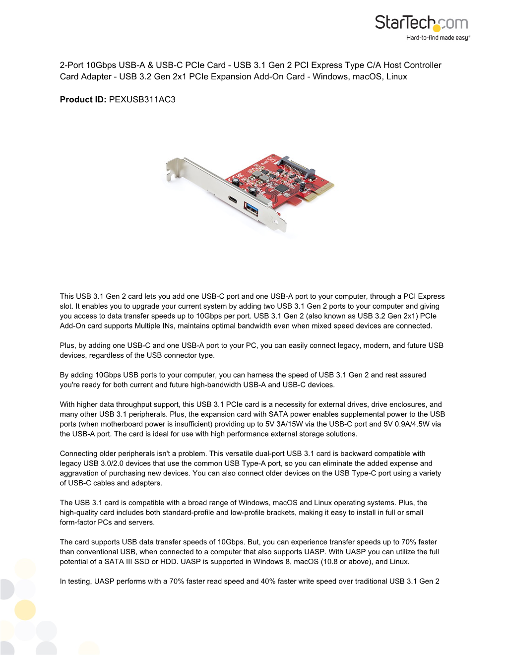 USB 3.1 Gen 2 PCI Express Type C/A Host Controller Card Adapter - USB 3.2 Gen 2X1 Pcie Expansion Add-On Card - Windows, Macos, Linux