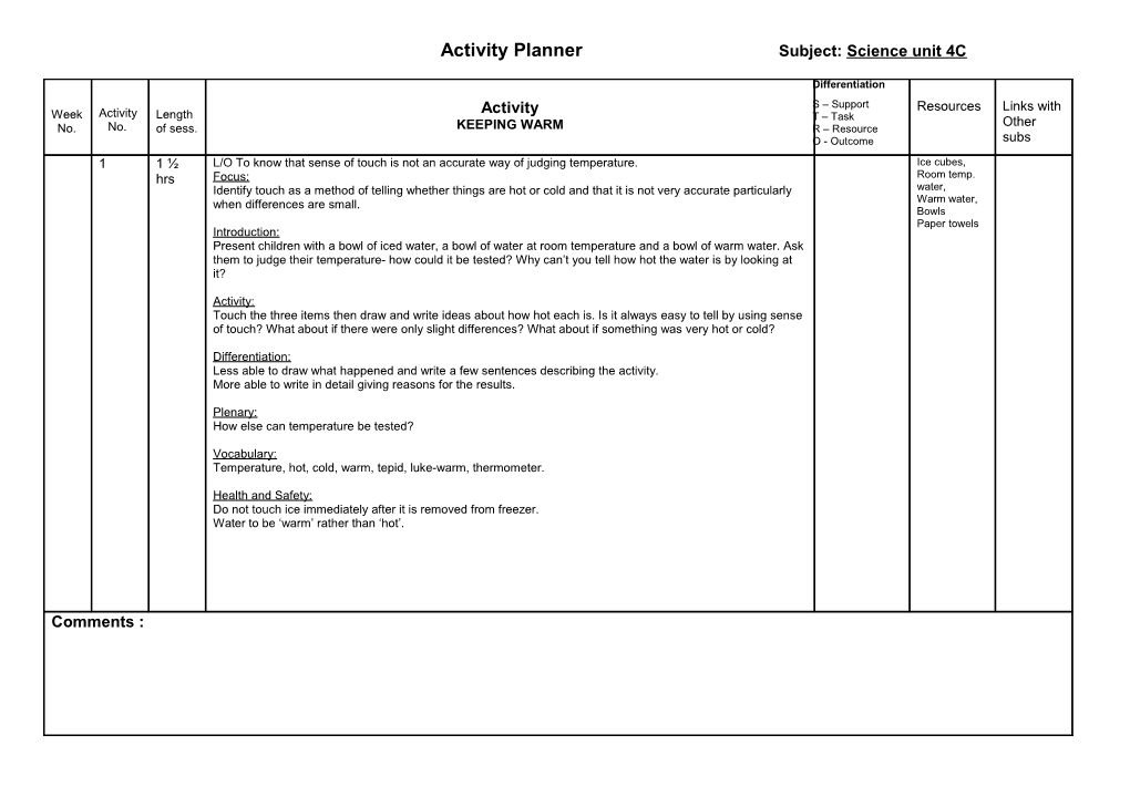 Activity Planner Subject: Science Unit 4C