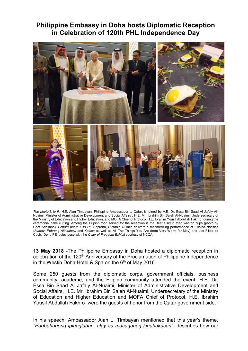 Philippine Embassy in Doha Hosts Diplomatic Reception in Celebration of 120Th PHL Independence Day