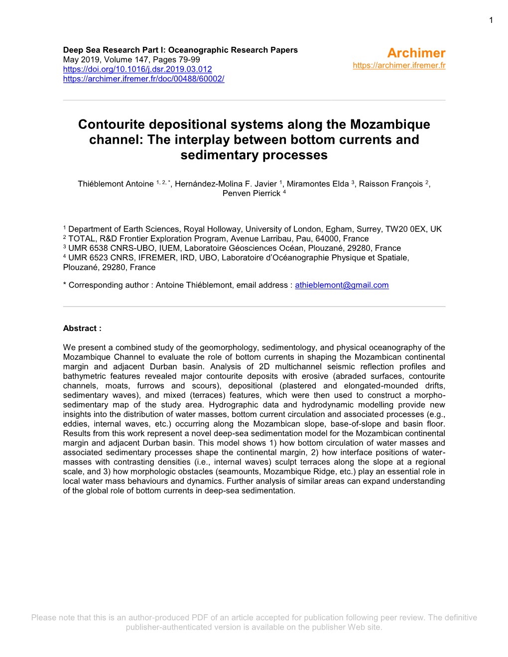 Contourite Depositional Systems Along the Mozambique Channel: the Interplay Between Bottom Currents and Sedimentary Processes