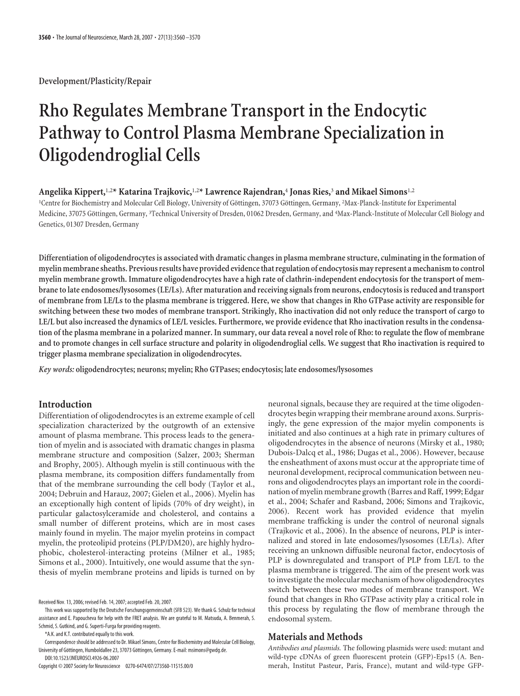 Rho Regulates Membrane Transport in the Endocytic Pathway to Control Plasma Membrane Specialization in Oligodendroglial Cells