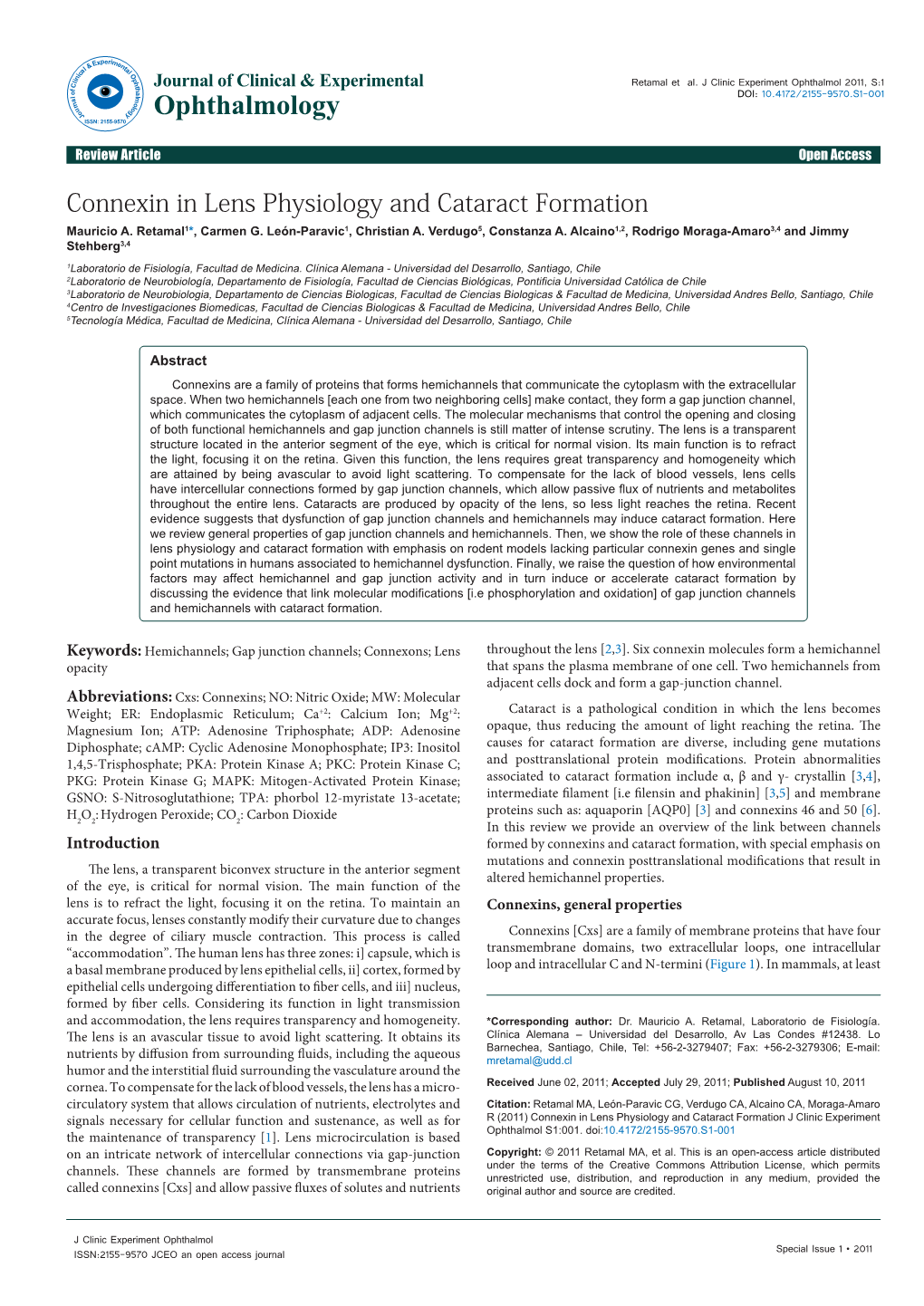 Connexin in Lens Physiology and Cataract Formation Mauricio A