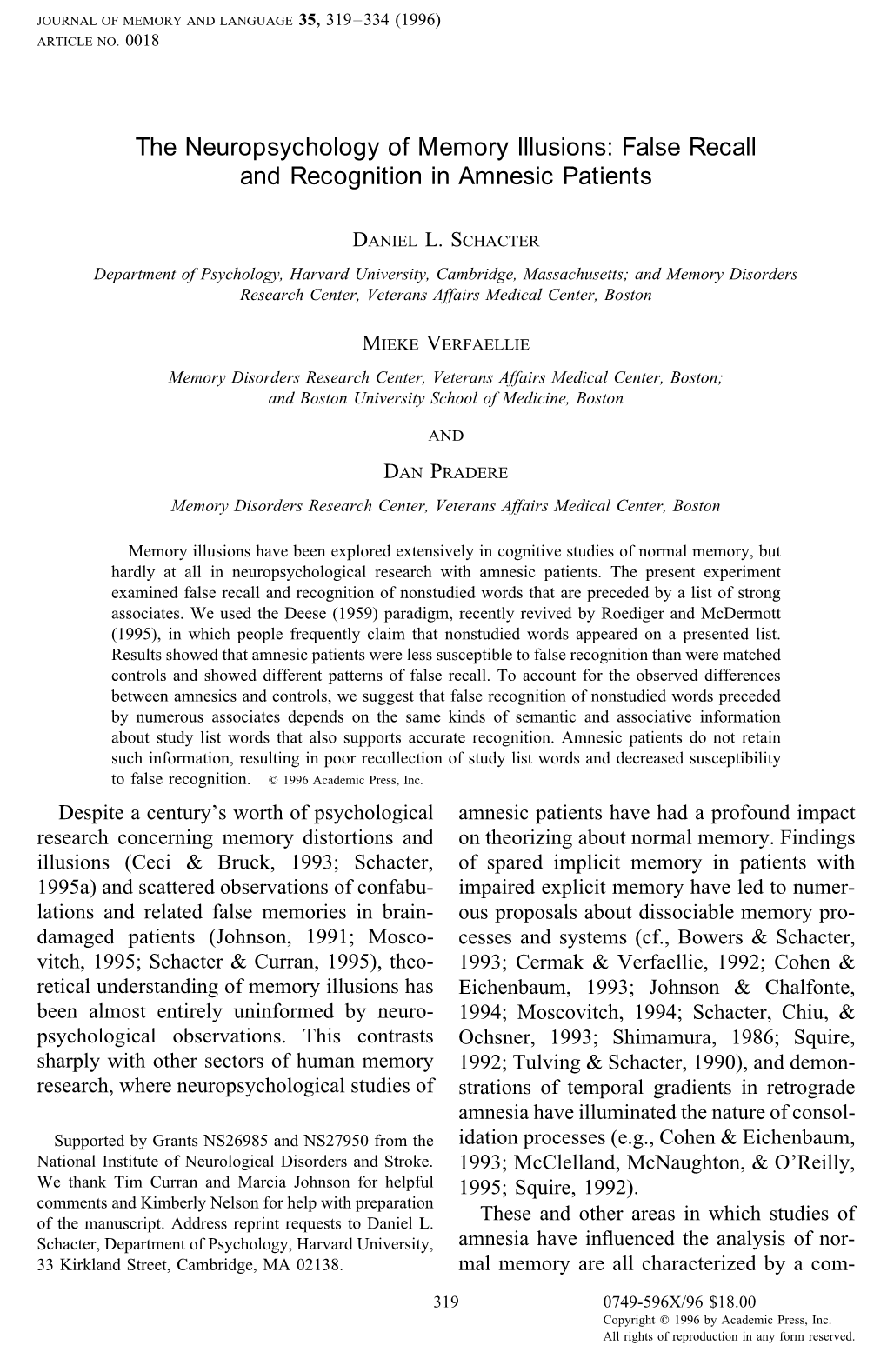 The Neuropsychology of Memory Illusions: False Recall and Recognition in Amnesic Patients