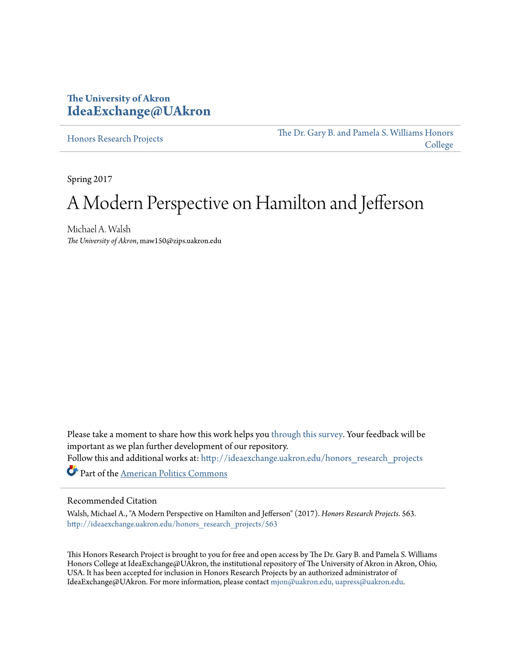 A Modern Perspective on Hamilton and Jefferson Michael A