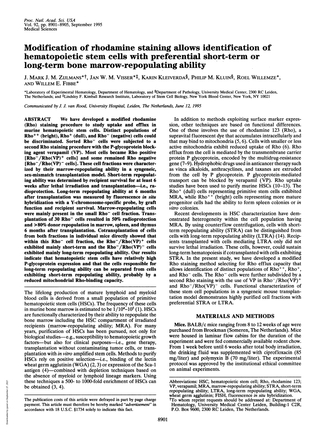 Modification of Rhodamine Staining Allows Identification of Hematopoietic Stem Cells with Preferential Short-Term Or Long-Term Bone Marrow-Repopulating Ability J