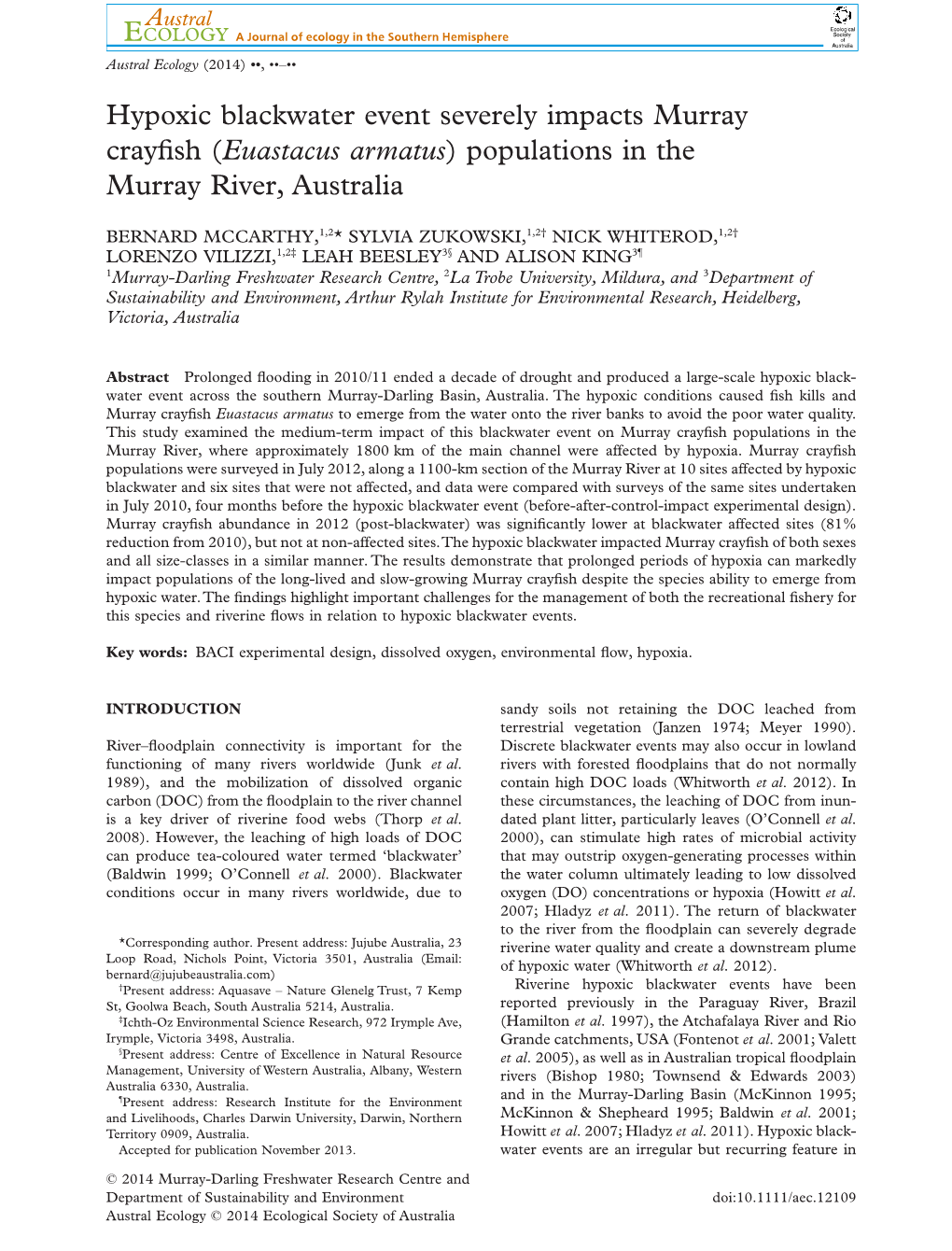 Hypoxic Blackwater Event Severely Impacts Murray Crayfish