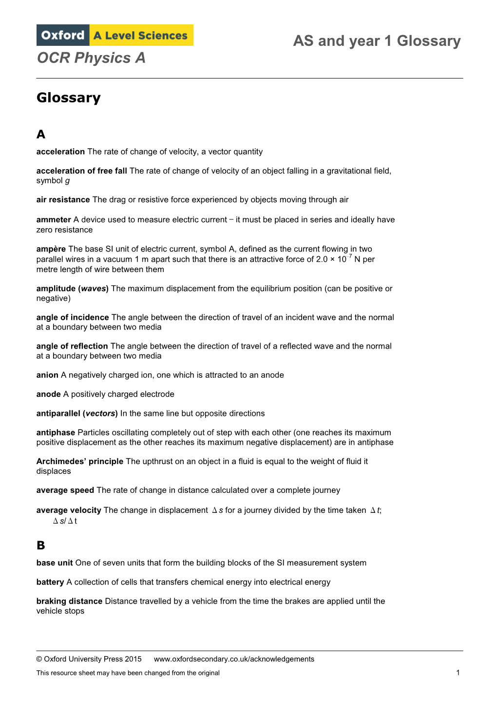 AS and Year 1 Glossary OCR Physics A