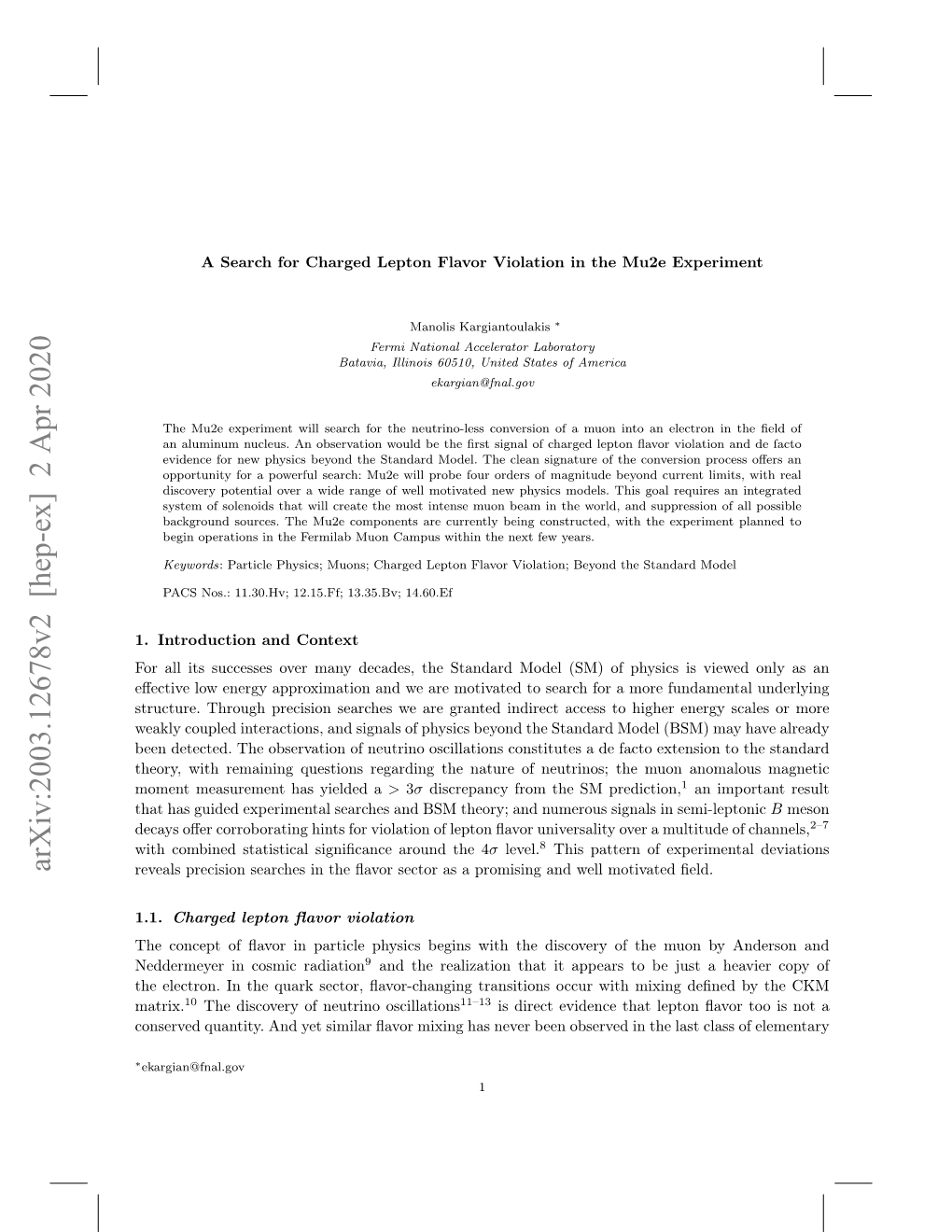 Arxiv:2003.12678V2 [Hep-Ex] 2 Apr 2020 Reveals Precision Searches in the ﬂavor Sector As a Promising and Well Motivated ﬁeld