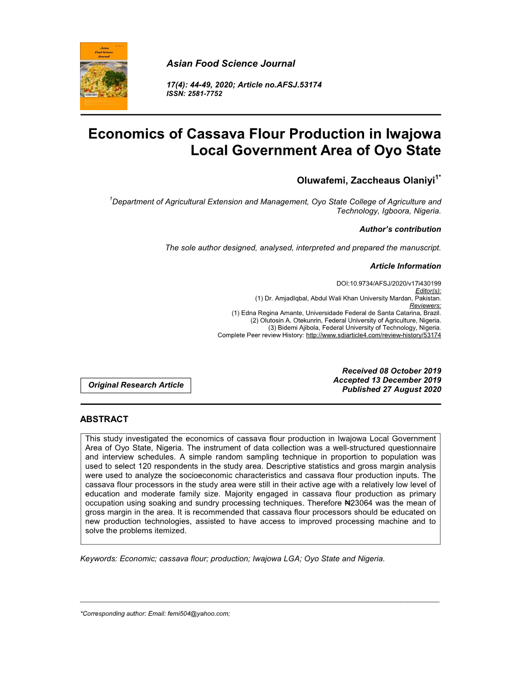 Economics of Cassava Flour Production in Iwajowa Local Government Area of Oyo State