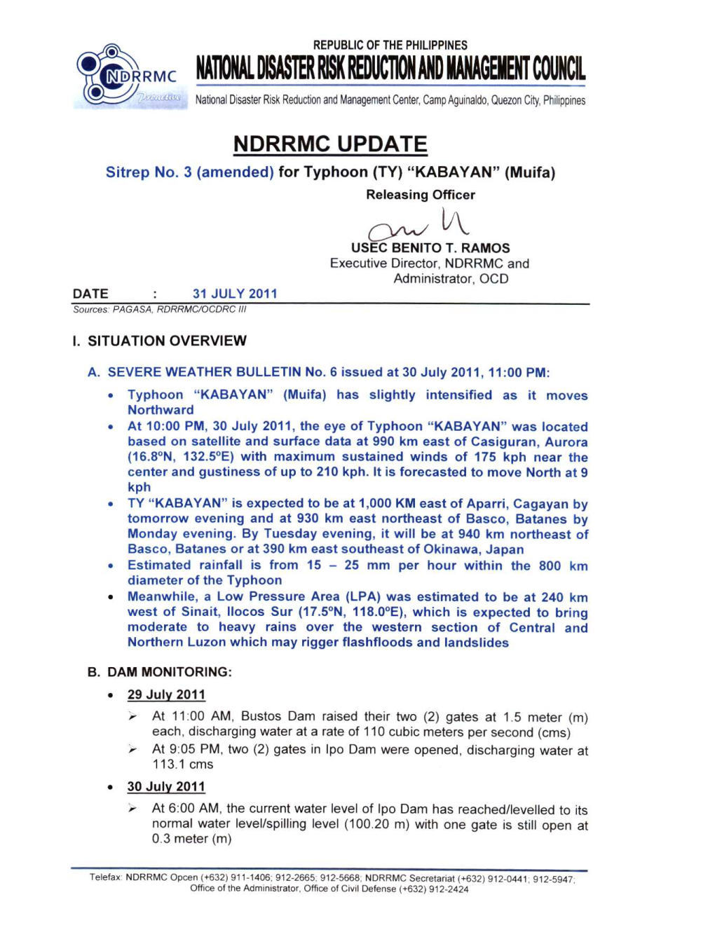 NDRRMC Update for Sitrep No 3 Amended for TY KABAYAN 31 July