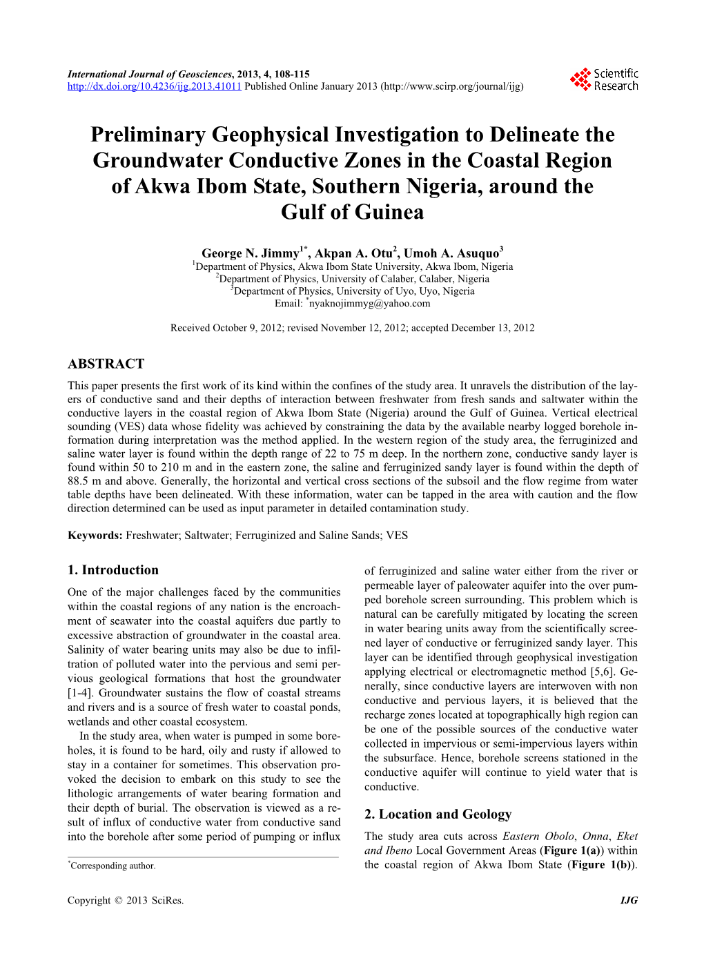 Preliminary Geophysical Investigation to Delineate the Groundwater